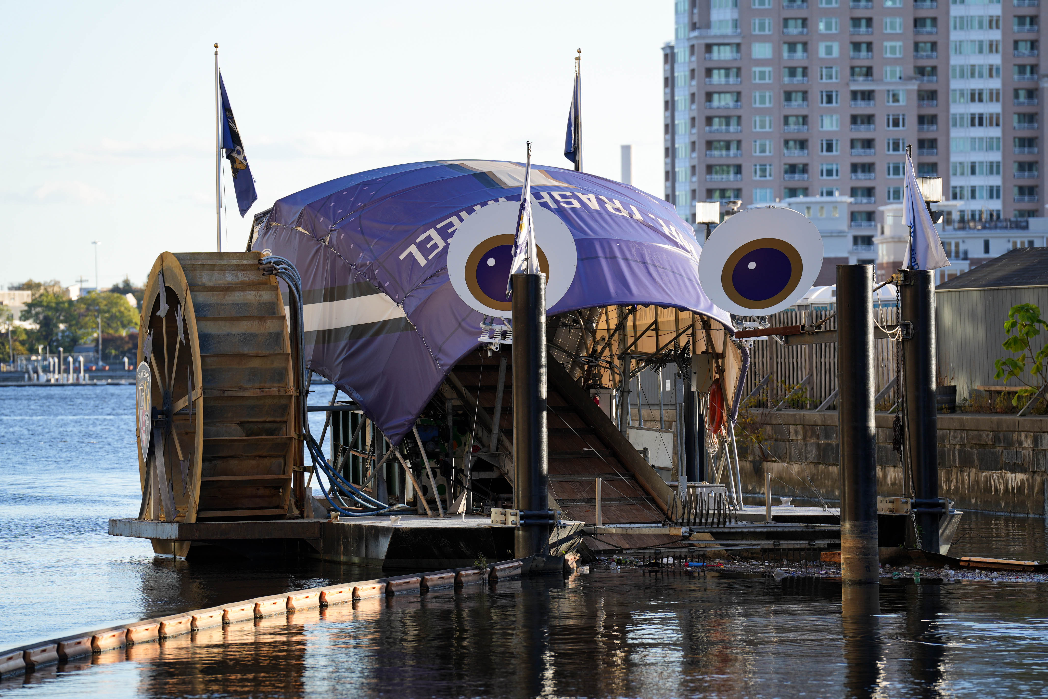 Mr. Trash Wheel is decked out in purple to support the Baltimore Ravens.