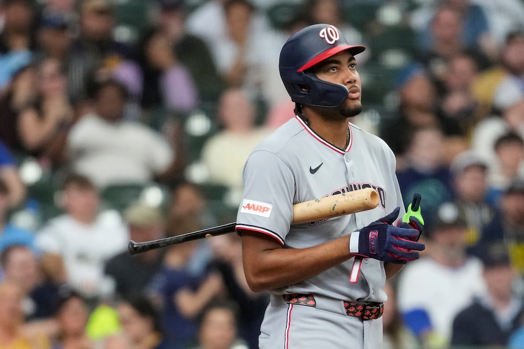 Washington Nationals' James Wood looks on during a baseball game against the Milwaukee Brewers, Sunday, April 12, 2026, in Milwaukee.