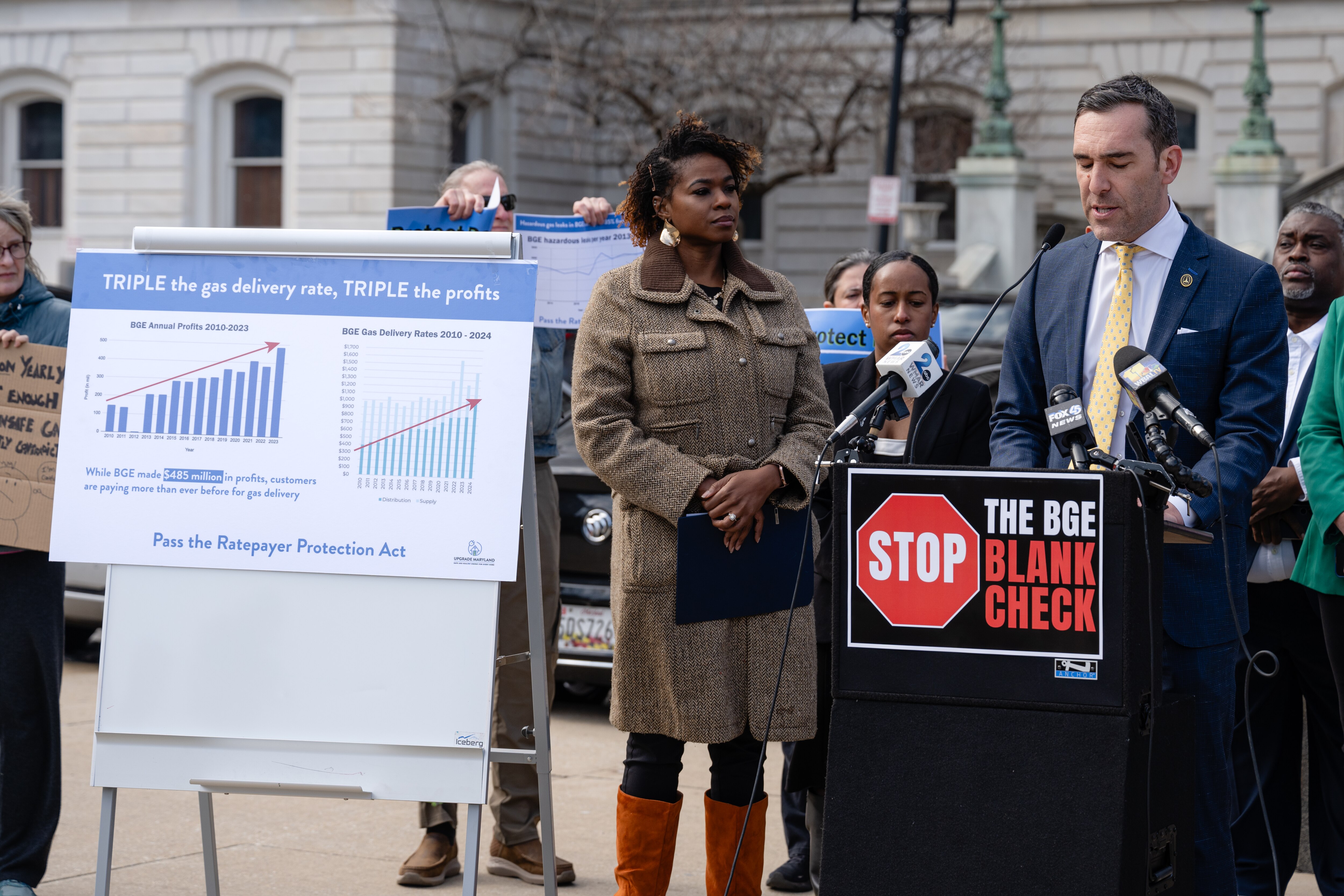 Zeke Cohen, Baltimore City Council President, speaks during a press conference addressing rising BGE costs and legislation aimed at lower heating costs and improving public safety held outside of Baltimore City Hall on February 4, 2025 in Baltimore, MD.