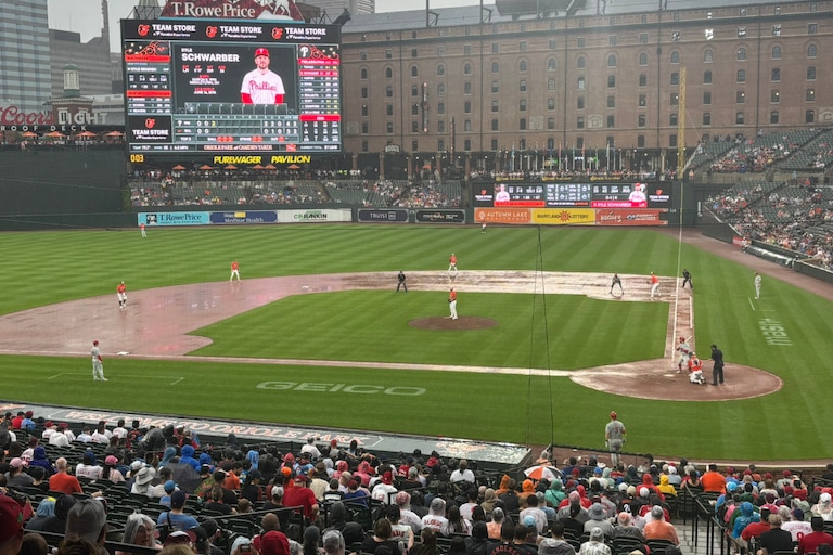 It's been raining since the first pitch of the Orioles-Phillies game on Sunday, Aug. 2, 2026, at Camden Yards. The weather forced a rain delay at 2:28 pm.