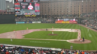 It's been raining since the first pitch of the Orioles-Phillies game on Sunday, Aug. 2, 2026, at Camden Yards. The weather forced a rain delay at 2:28 pm.