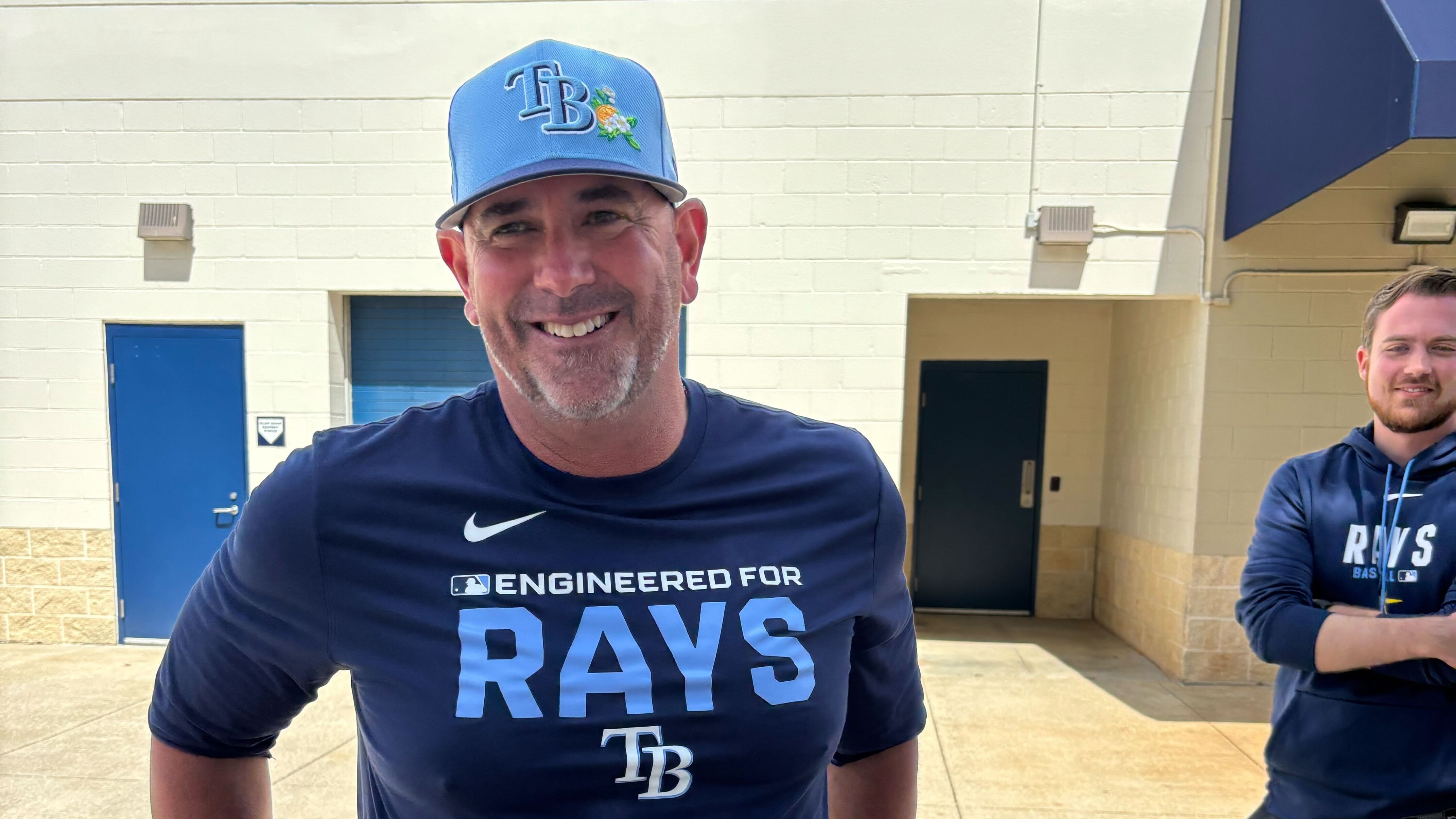Former Orioles manager Brandon Hyde speaks with reporters at the Tampa Bay Rays spring training facility on March 5.