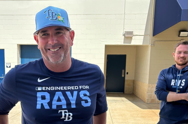 Former Orioles manager Brandon Hyde speaks with reporters at the Tampa Bay Rays spring training facility on March 5.