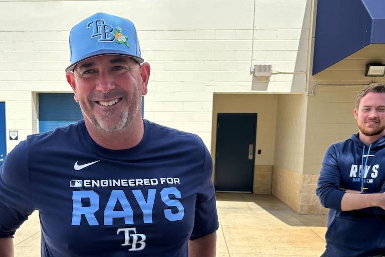 Former Orioles manager Brandon Hyde speaks with reporters at the Tampa Bay Rays spring training facility on March 5.