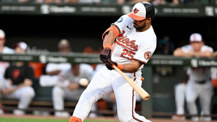 BALTIMORE, MARYLAND - AUGUST 13: Anthony Santander #25 of the Baltimore Orioles hits a home run in the third inning against the Washington Nationals at Oriole Park at Camden Yards on August 13, 2024 in Baltimore, Maryland. (Photo by Greg Fiume/Getty Images)