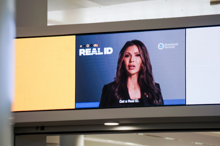 A digital billboard about Real ID featuring Secretary of Homeland Security Kristi Noem on display at Baltimore-Washington International Thurgood Marshall Airport on Jan. 23.