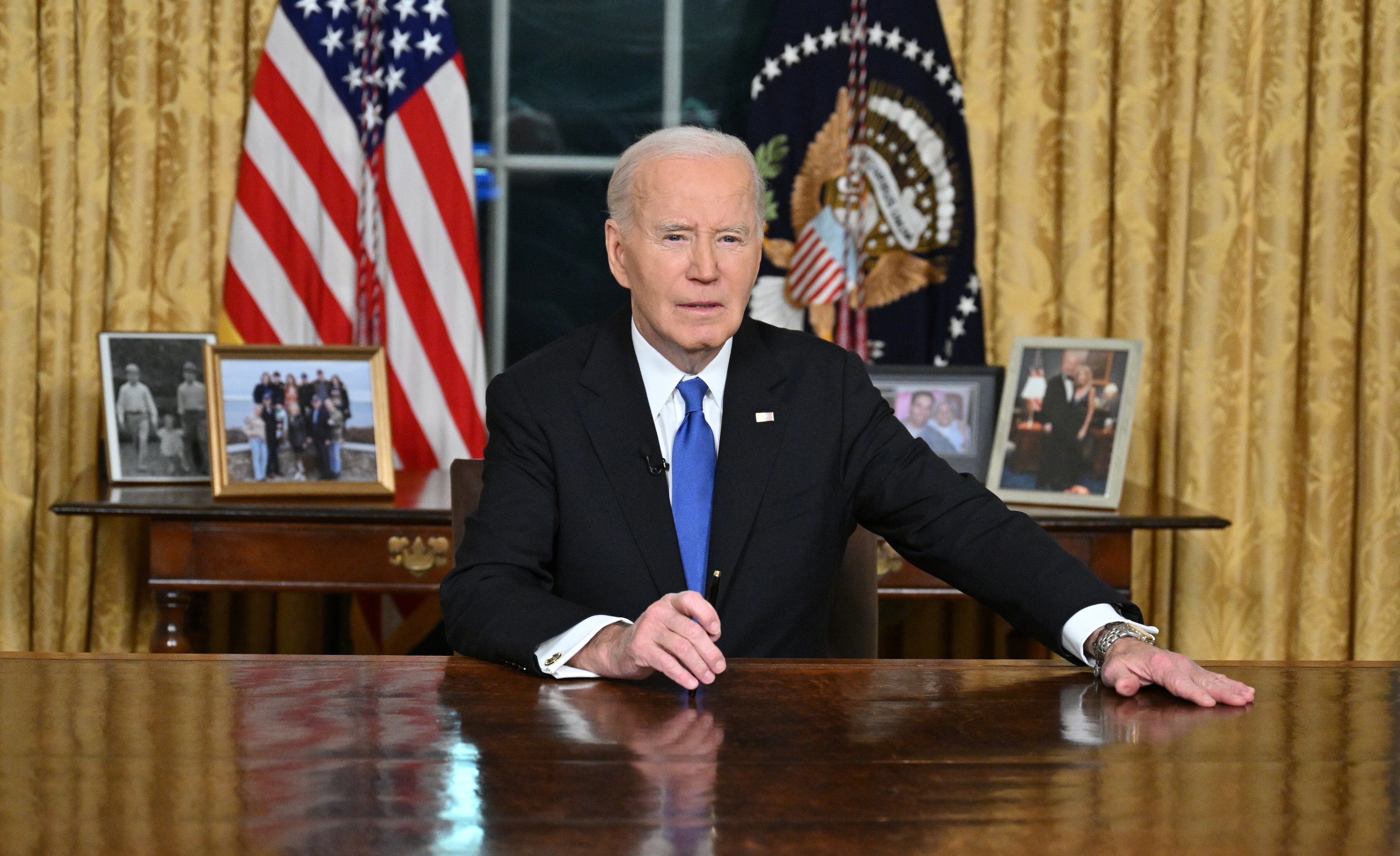 WASHINGTON, DC - JANUARY 15: US President Joe Biden delivers his farewell address to the nation from the Oval Office of the White House on January 15, 2025 in Washington, DC.