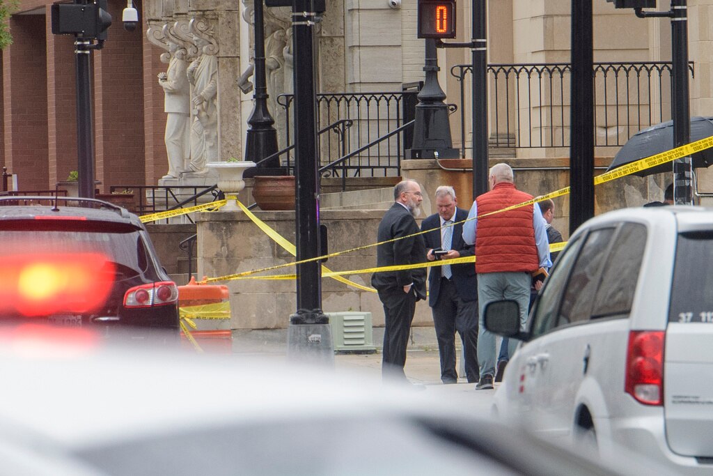 Law enforcement work the scene after two staff members of the Israeli Embassy in Washington were shot and killed outside the Capital Jewish Museum.