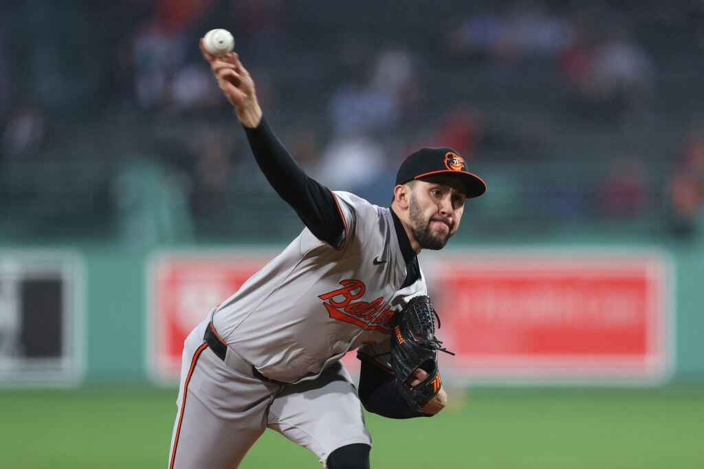Grayson Rodriguez, #30 of the Baltimore Orioles, pitches in the first inning against the Boston Red Sox at Fenway Park on April 11. (Photo by Paul Rutherford/Getty Images)