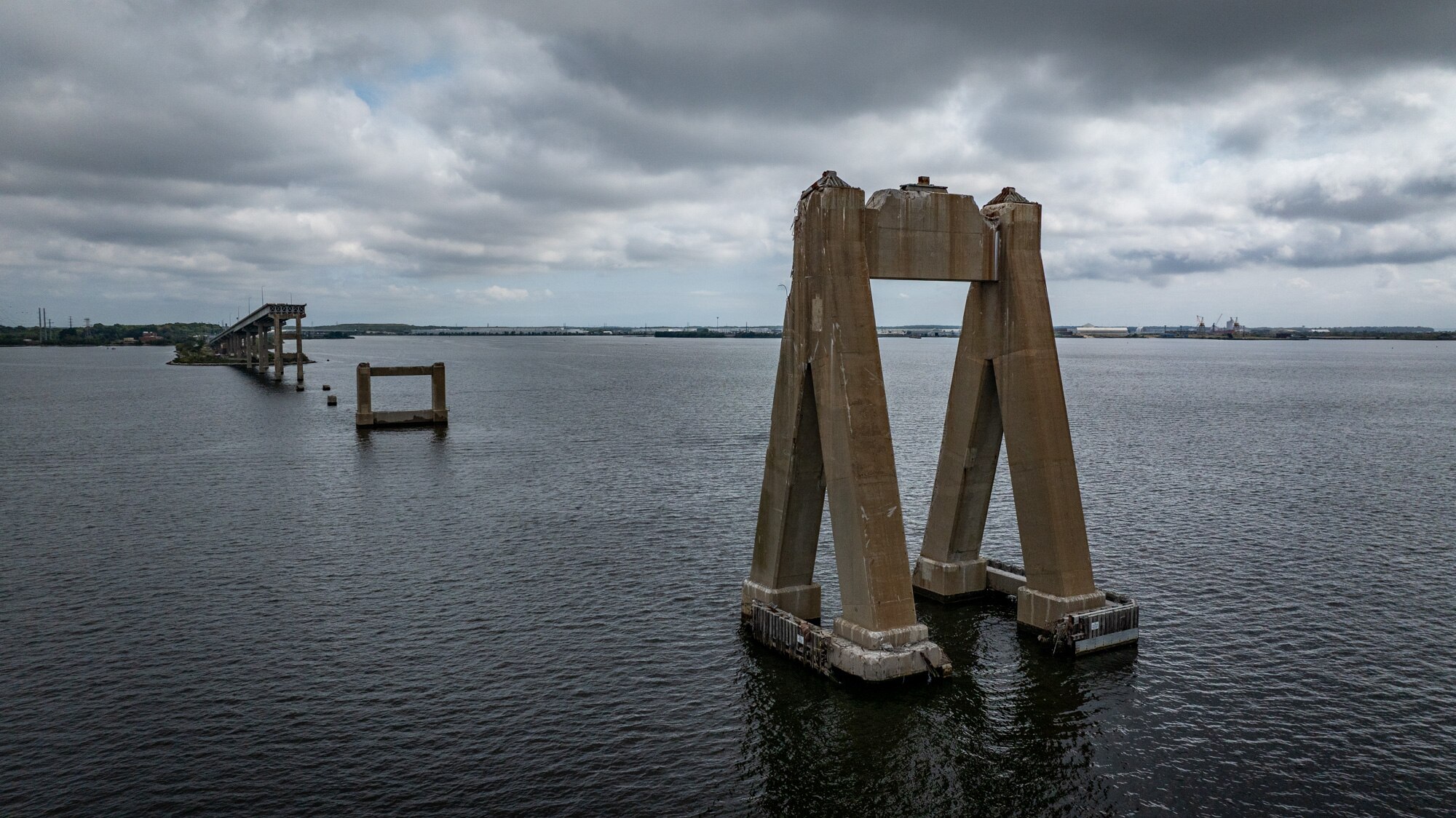 A structural pier of the Francis Scott Key Bridge remains in the Patapsco River six months after the container ship Dali lost power and hit a pier causing a catastrophic collapse. 