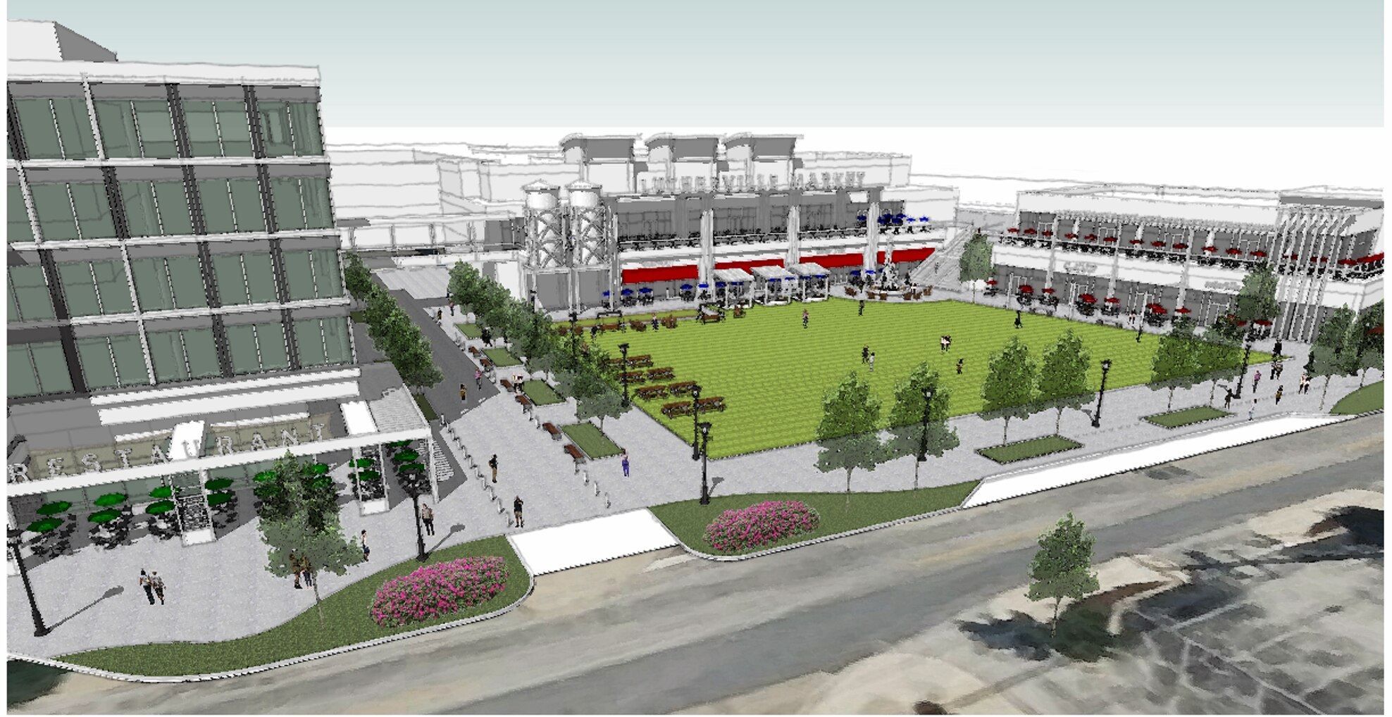 A digital rendering of a large green field with buildings on three sides.