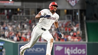Washington Nationals' James Wood races around the bases on an inside-the-park grand slam during a baseball game against the New York Mets, Tuesday, May 19, 2026, in Washington.