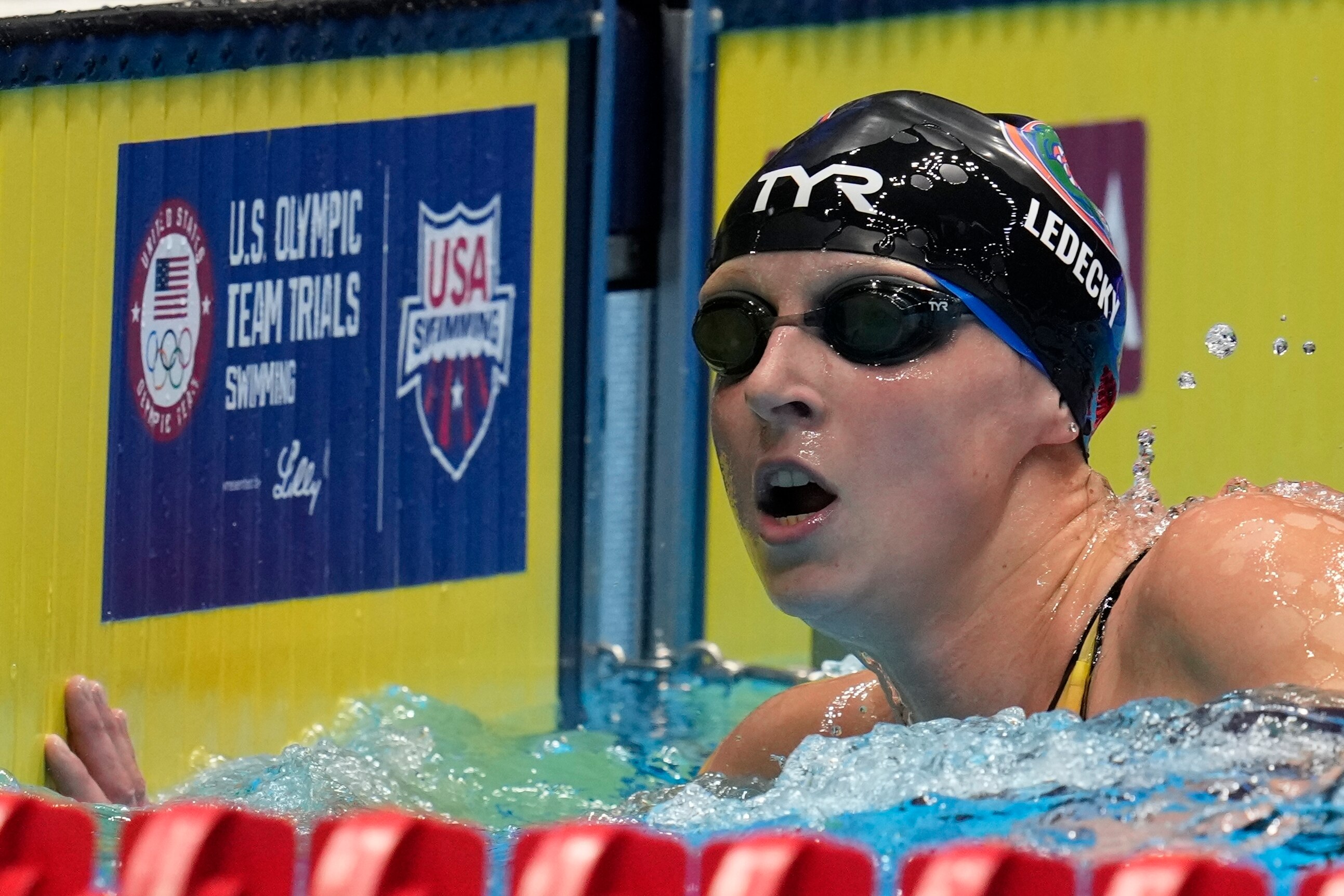 Katie Ledecky after the Women's 1500 freestyle finals Wednesday, June 19, 2024, at the US Swimming Olympic Trials in Indianapolis. (AP Photo/Michael Conroy)