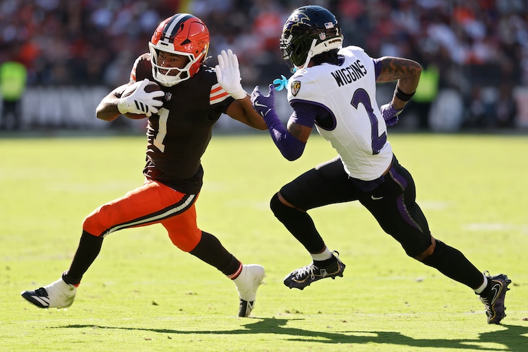 CLEVELAND, OHIO - OCTOBER 18: Kc Concepcion #1 of the Cleveland Browns runs with the ball against Nate Wiggins #2 of the Baltimore Ravens during the fourth quarter of the game at Huntington Bank Field on October 18, 2026 in Cleveland, Ohio. (Photo by Gregory Shamus/Getty Images)