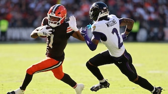 CLEVELAND, OHIO - OCTOBER 18: Kc Concepcion #1 of the Cleveland Browns runs with the ball against Nate Wiggins #2 of the Baltimore Ravens during the fourth quarter of the game at Huntington Bank Field on October 18, 2026 in Cleveland, Ohio. (Photo by Gregory Shamus/Getty Images)