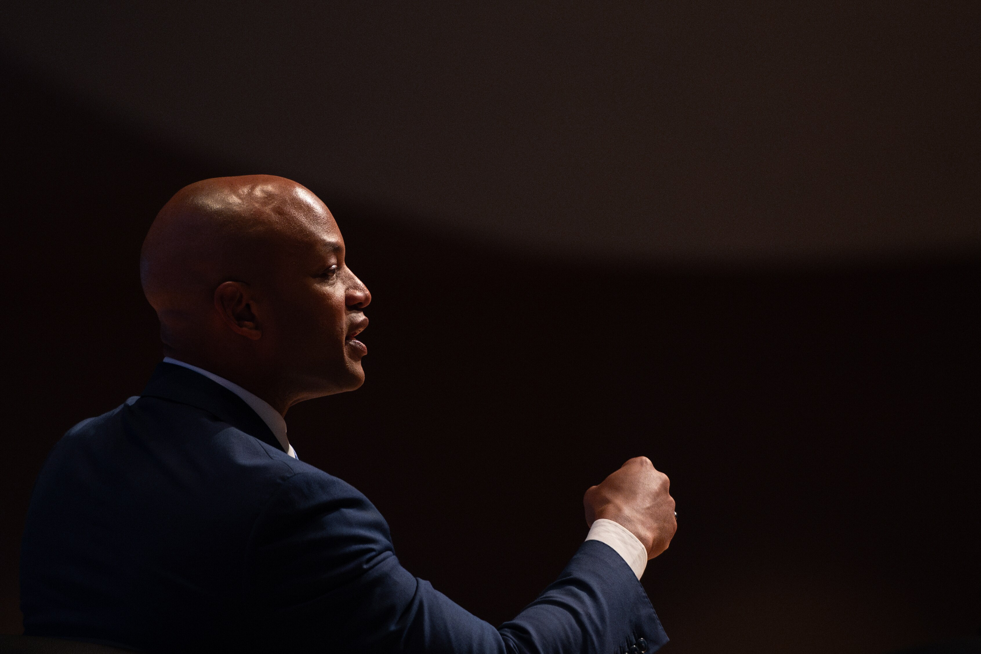 Maryland Governor Wes Moore speaks during his discussion with Dean Baquet at IMPACT Maryland held at Joseph Meyerhoff Symphony Hall in Baltimore, Maryland, October 1st, 2024.