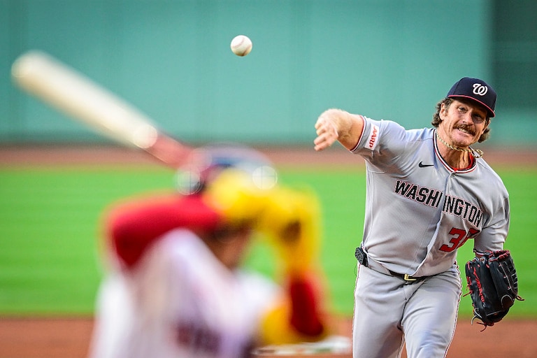 Washington Nationals starting pitcher Miles Mikolas throws in the first inning against the Boston Red Sox.
