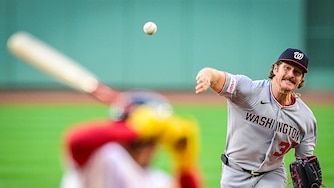 Washington Nationals starting pitcher Miles Mikolas throws in the first inning against the Boston Red Sox.