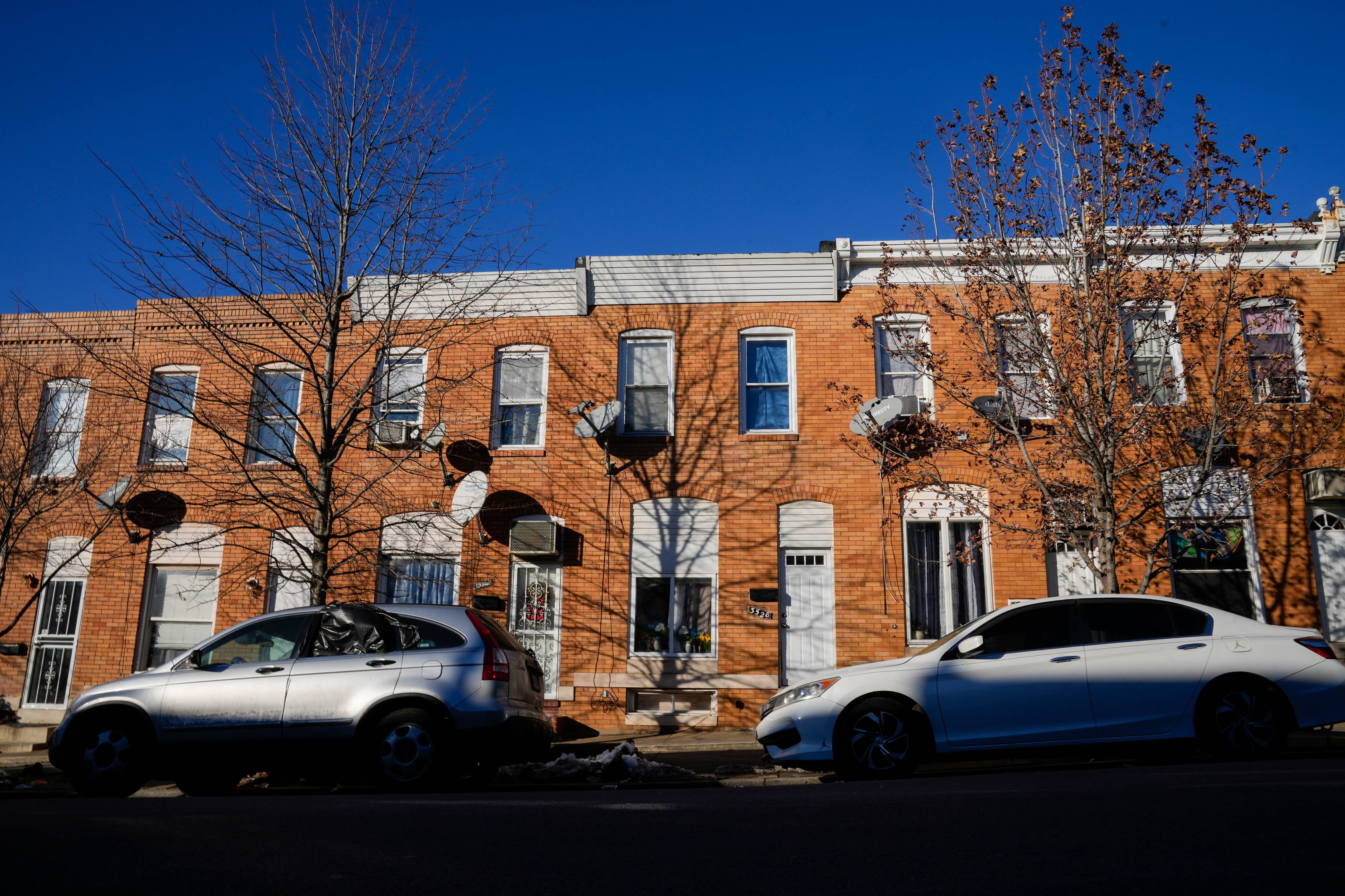 Rowhomes line the street on Fairmount Avenue. An Abell Foundation study found homes in Black neighborhoods were more likely to be appraised for less than the homes’ contract sales prices.
