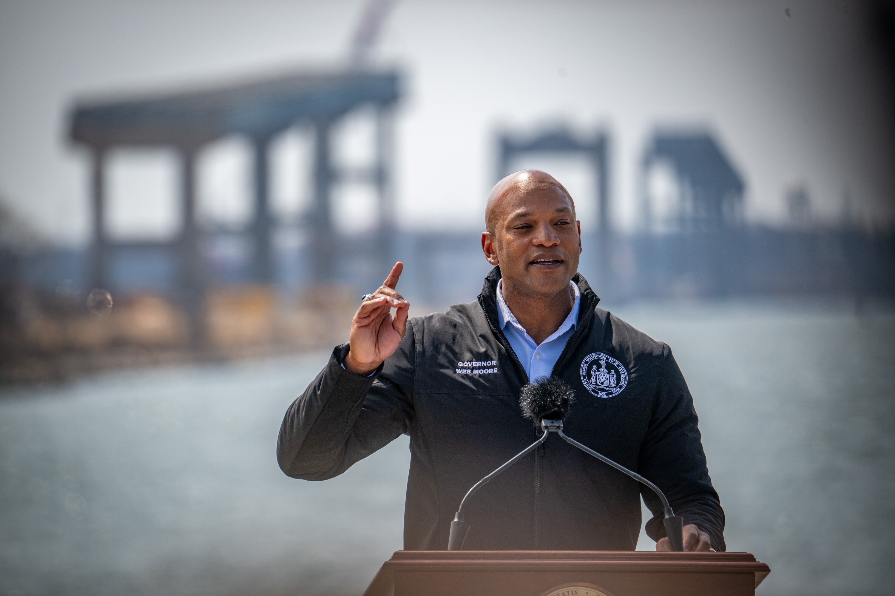 Maryland Gov. Wes Moore speaks earlier this year at the Francis Scott Key Bridge site on the second anniversary of the bridge’s collapse.