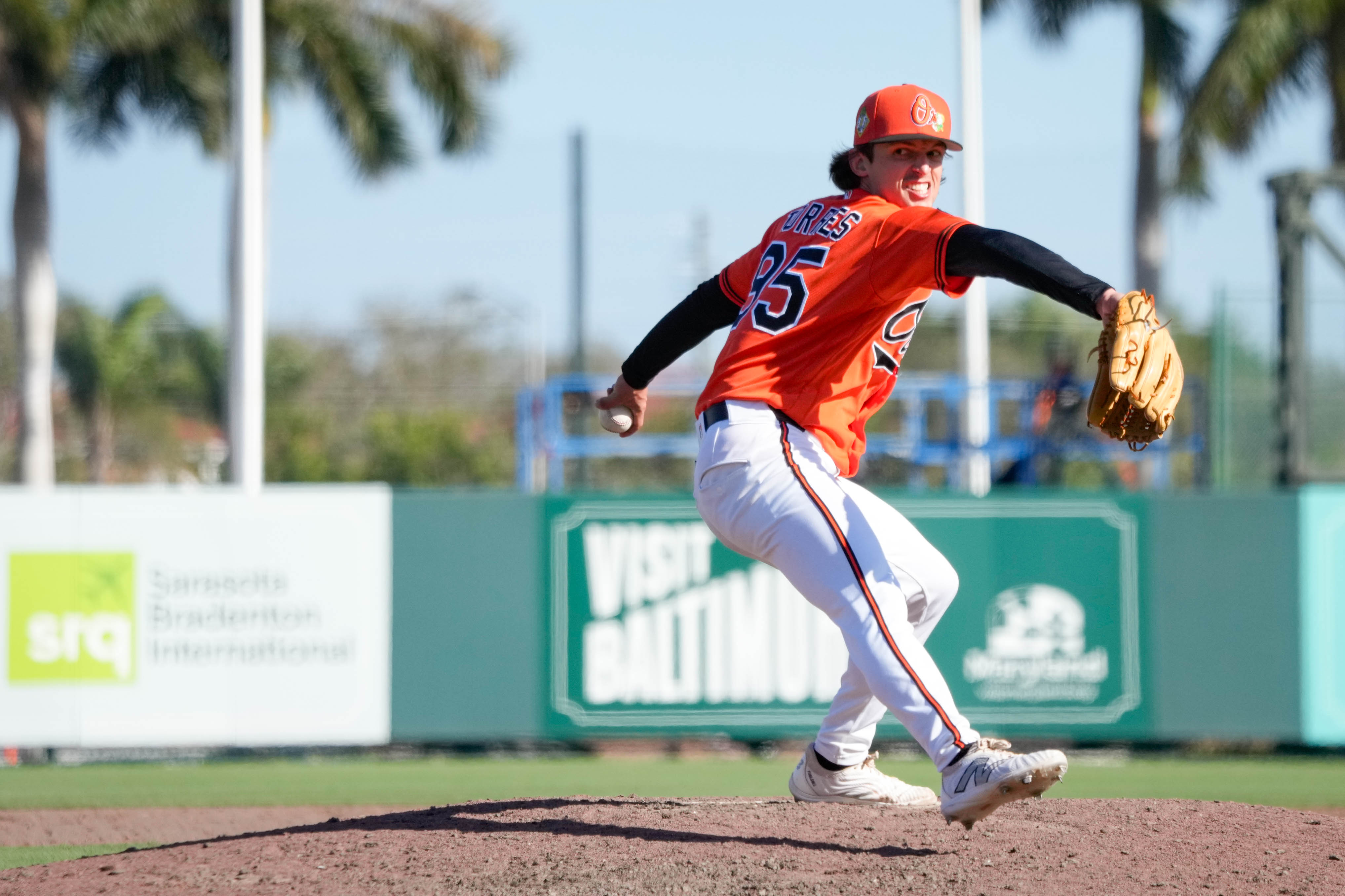 Baltimore Orioles pitcher Eric Torres delivers a pitch in the eighth inning of a spring training game against the Atlanta Braves in Sarasota, Fla., on Monday.
