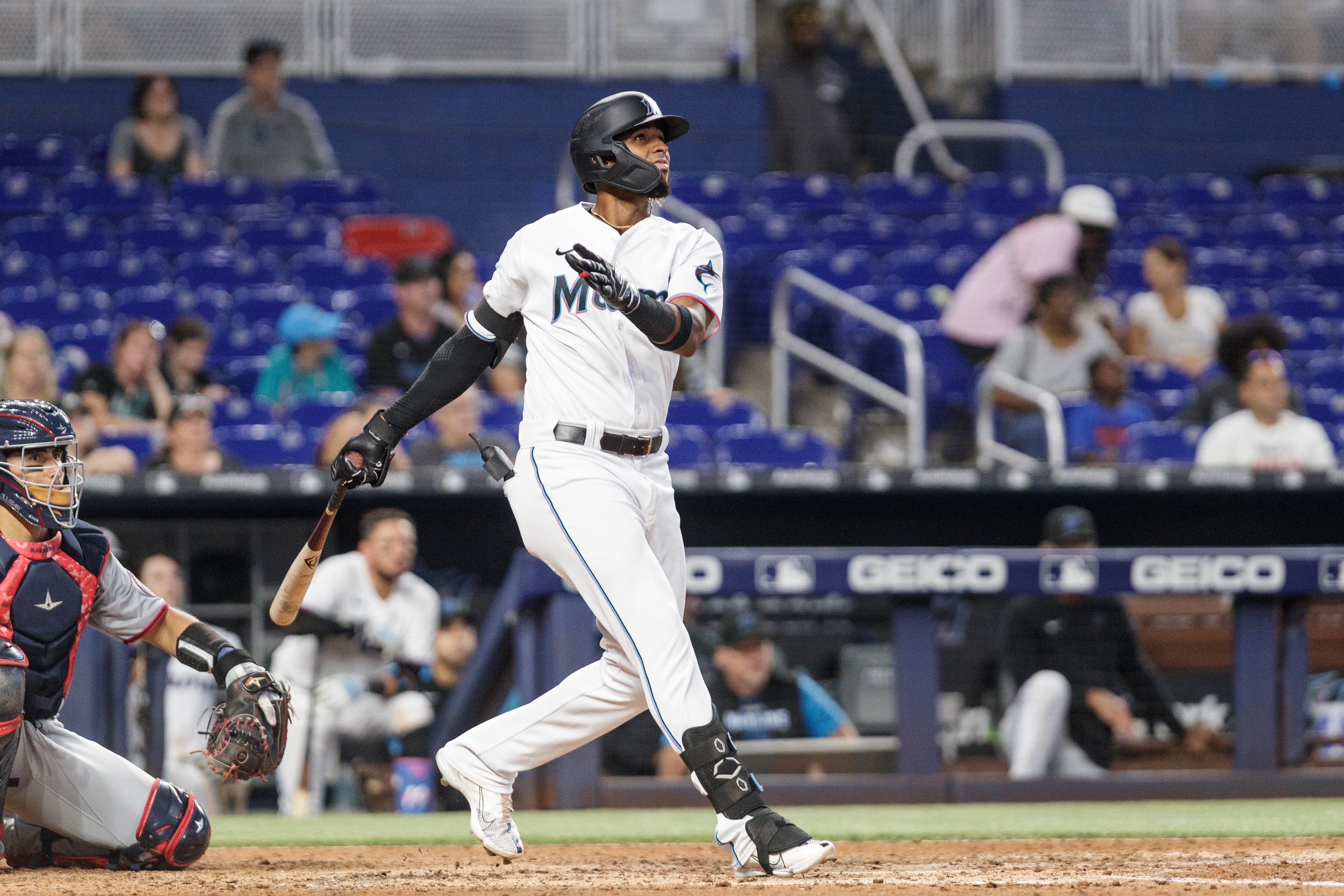 Lewin Díaz of the Miami Marlins hits a home run during the eighth inning against the Washington Nationals at loanDepot park on September 25, 2022 in Miami, Florida.