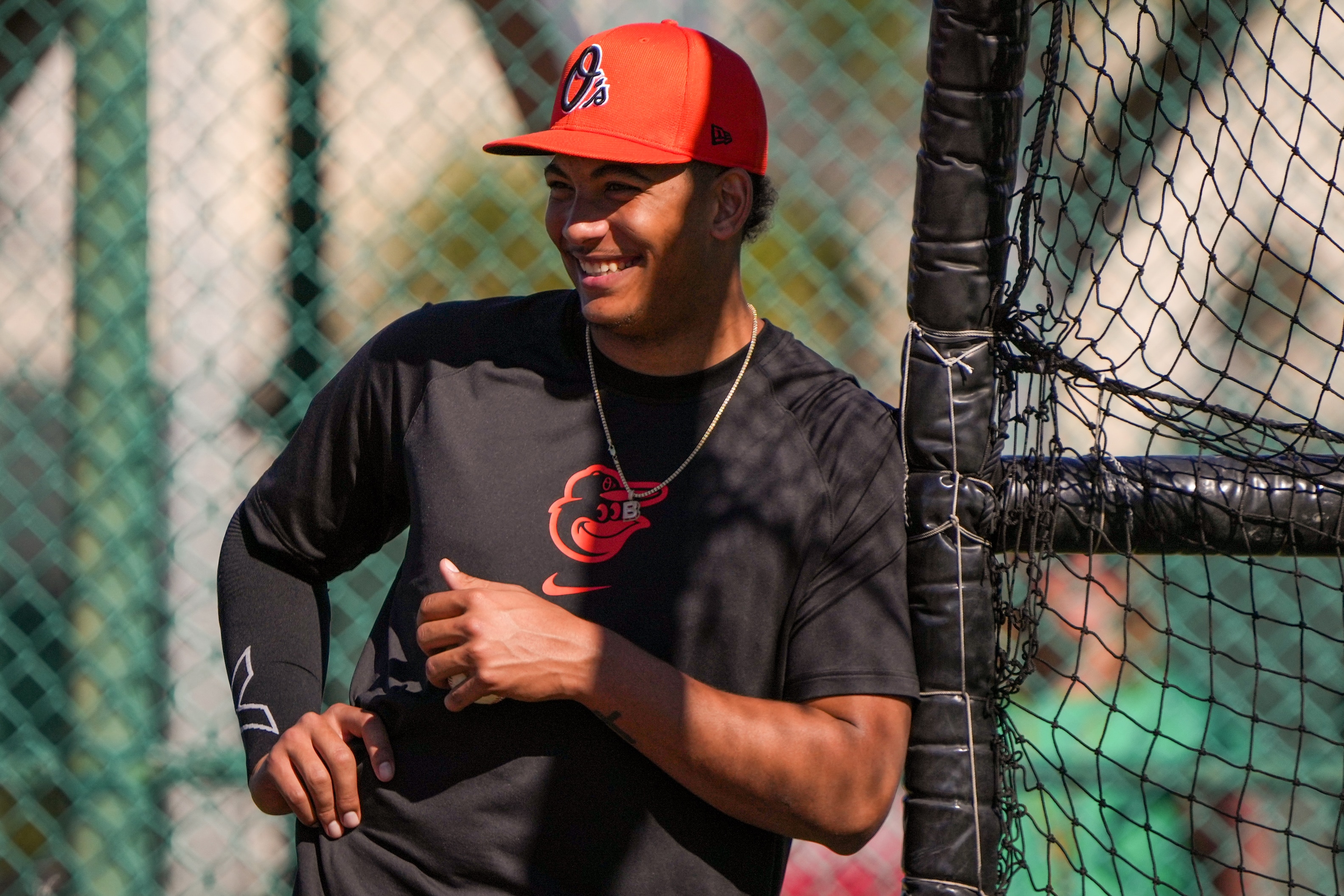 Baltimore Orioles prospective catcher Samuel Basallo laughs as he watches the team’s spring training session at Ed Smith Stadium on February 22, 2024.