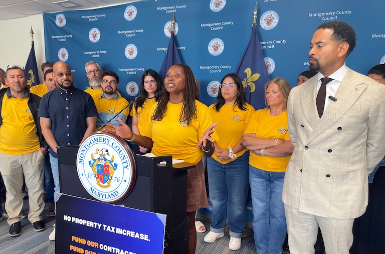 FRIDAY, APRIL 17, 2026 - Lisa Blackwell-Brown, secretary-treasurer of UFCW Local 1994 MCGEO, speaks at a press conference Friday as County Council member Will Jawando, right, looks on.