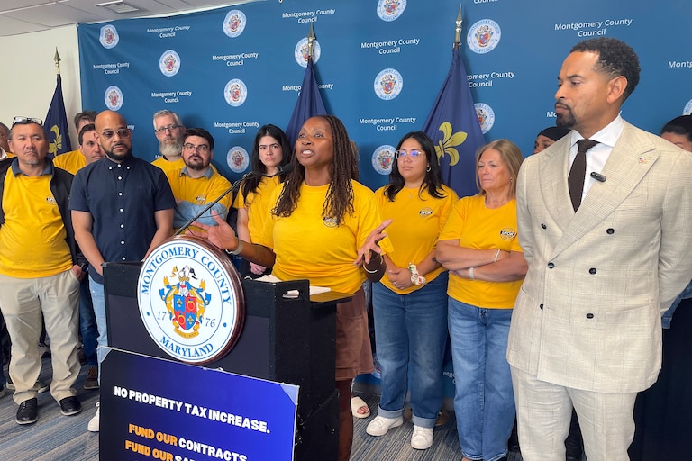 FRIDAY, APRIL 17, 2026 - Lisa Blackwell-Brown, secretary-treasurer of UFCW Local 1994 MCGEO, speaks at a press conference Friday as County Council member Will Jawando, right, looks on.