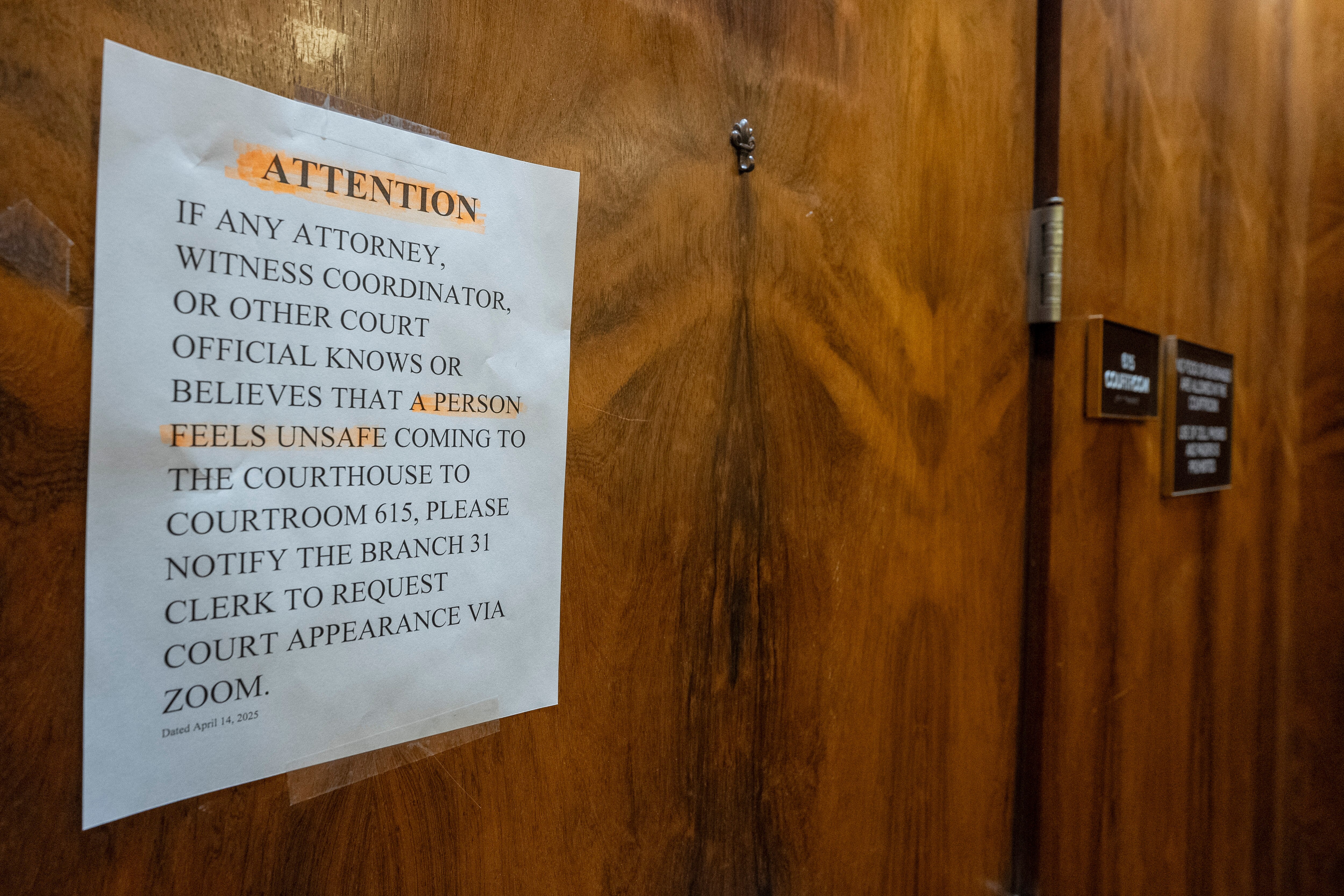 A sign is posted outside of county Judge Hannah Dugan's courtroom at the Milwaukee County courthouse, April 25, 2025, in Milwaukee.