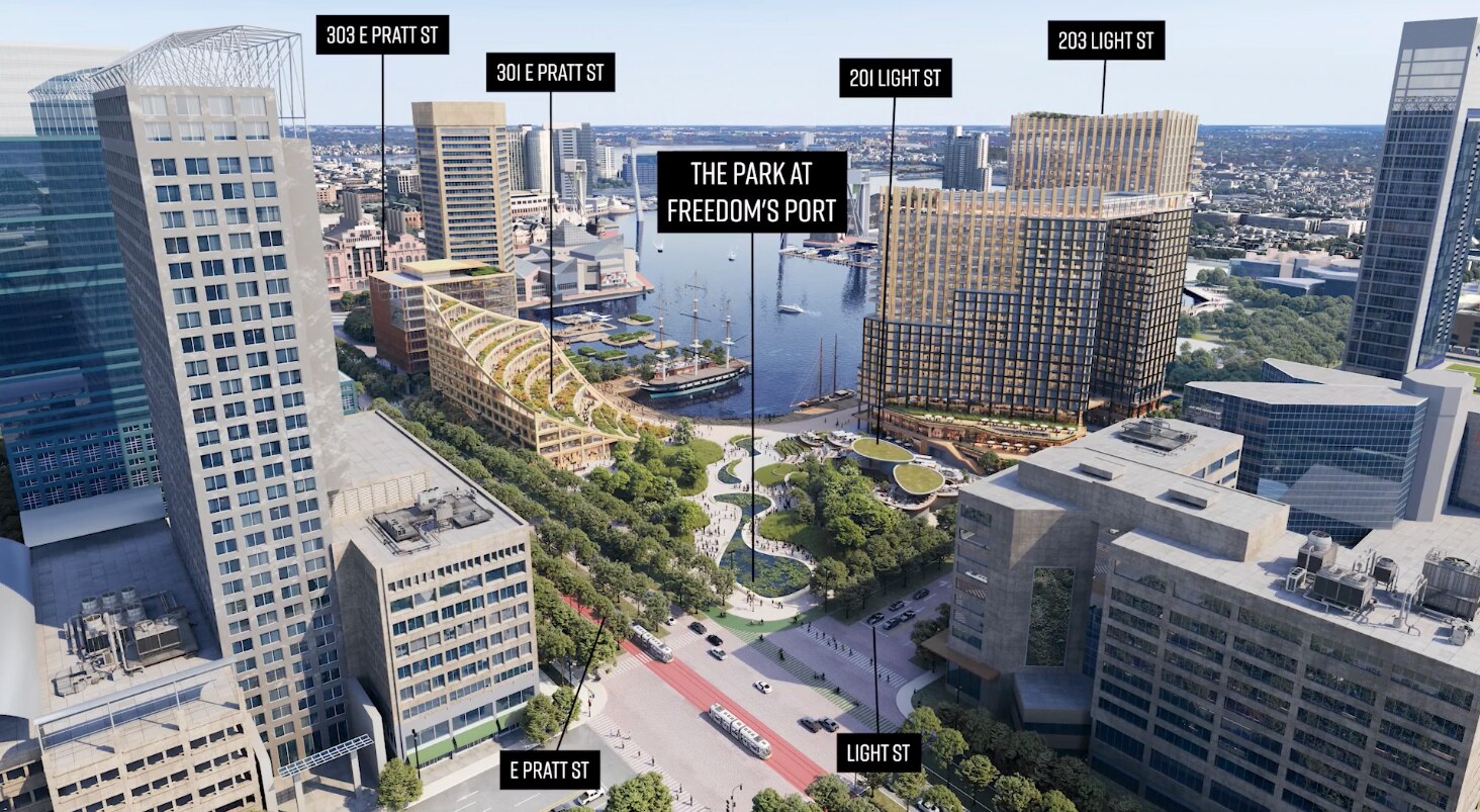 MCB Real Estate wants to tear down the Harborplace pavillions and replace them with a large-scale mixed-use development, including two residential towers, offices, retail, a redesigned road network and a park.