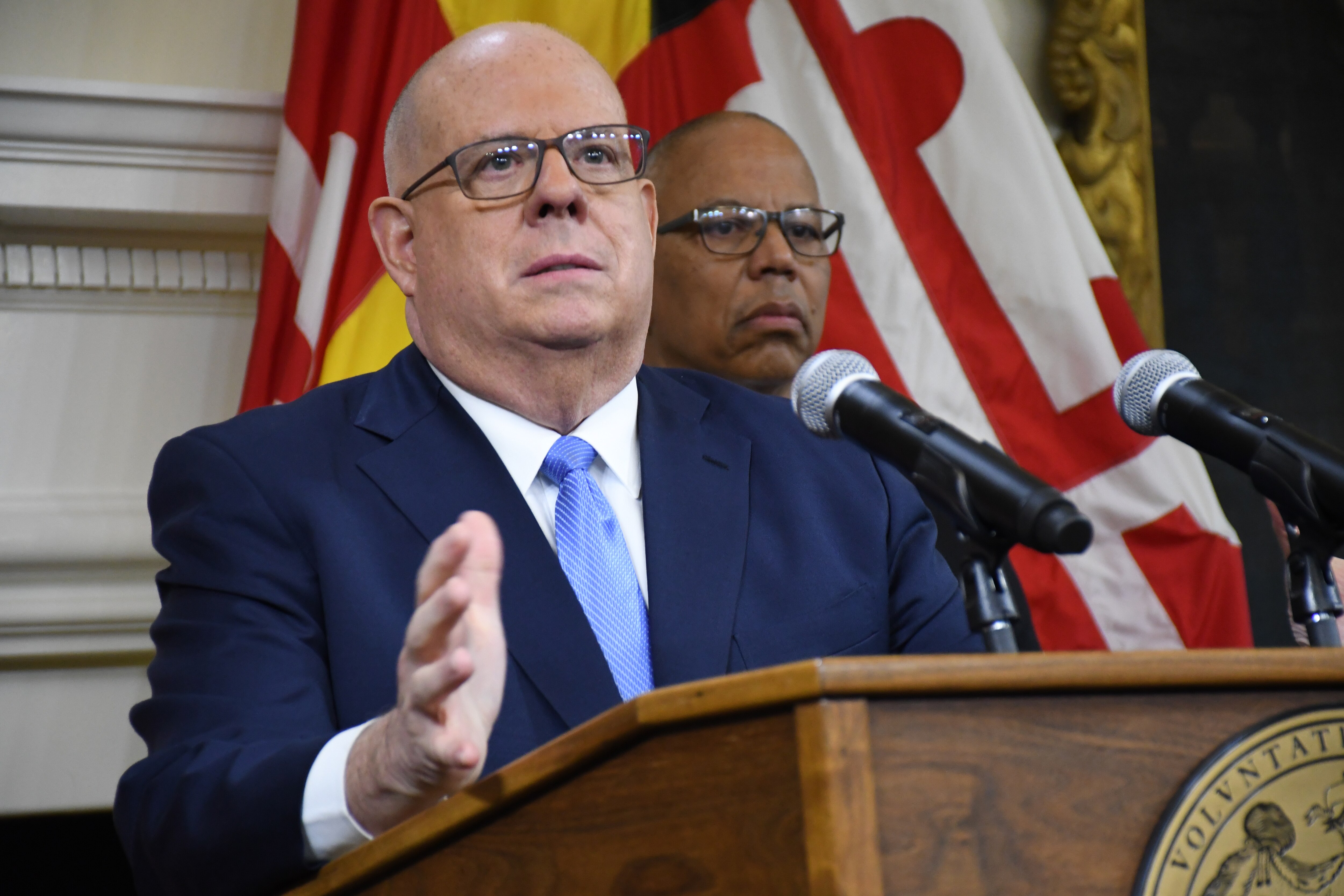Maryland Gov. Larry Hogan, joined by Lt. Gov. Boyd Rutherford, discusses his recommendations for the next state budget, which will be introduced by his successor, Democratic Gov.-elect Wes Moore. Hogan held a press conference at the State House in Annapolis on Thursday, Dec. 15, 2022.