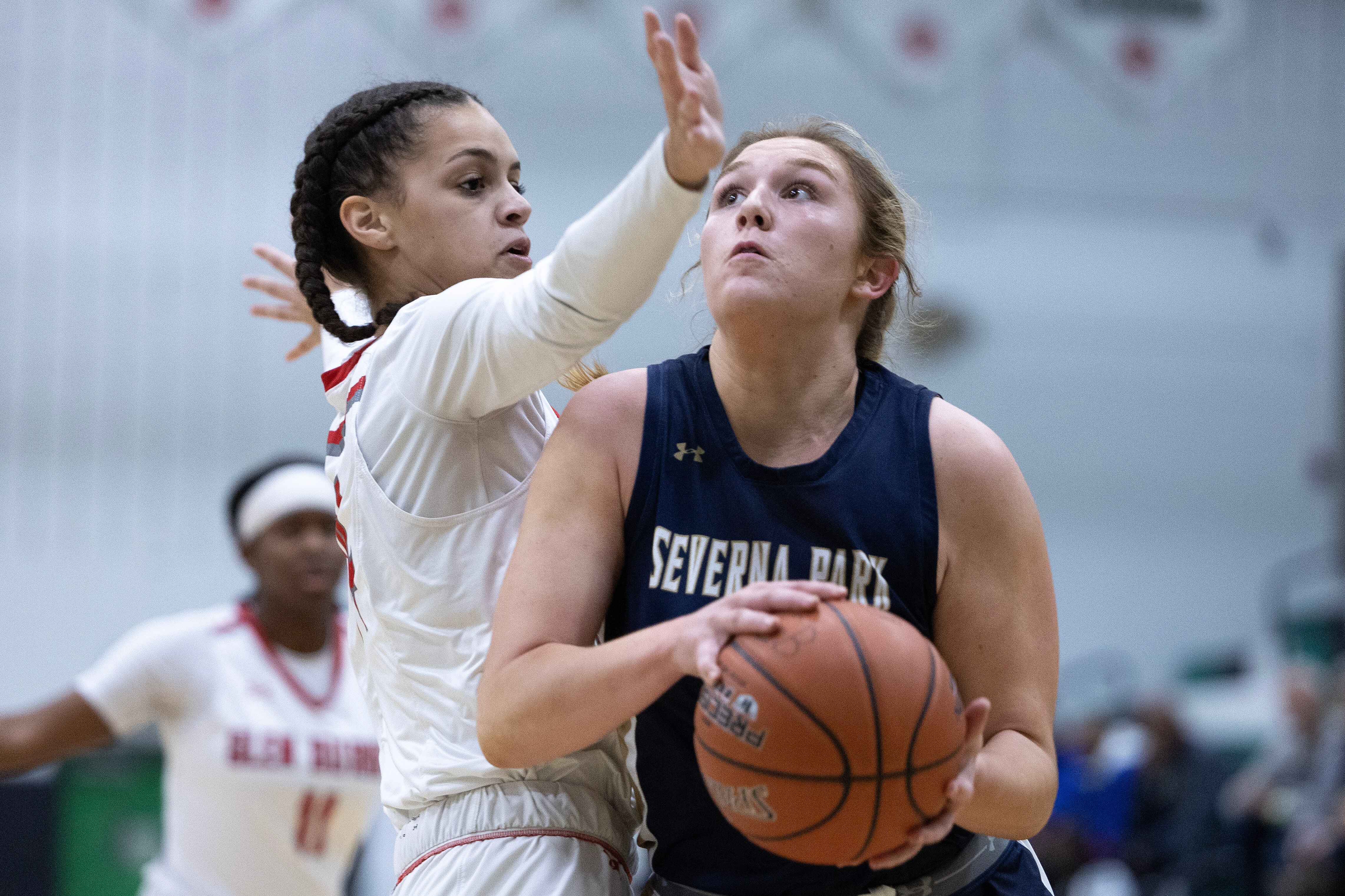 Severna Park's Raegan Ogle (33) attempts to perform a layup during the Anne Arundel County Girls Basketball Championship game in Odenton, Md., on Saturday, February 18, 2023. Glen Burnie defeated Severna Park 37-34 in regulation time.