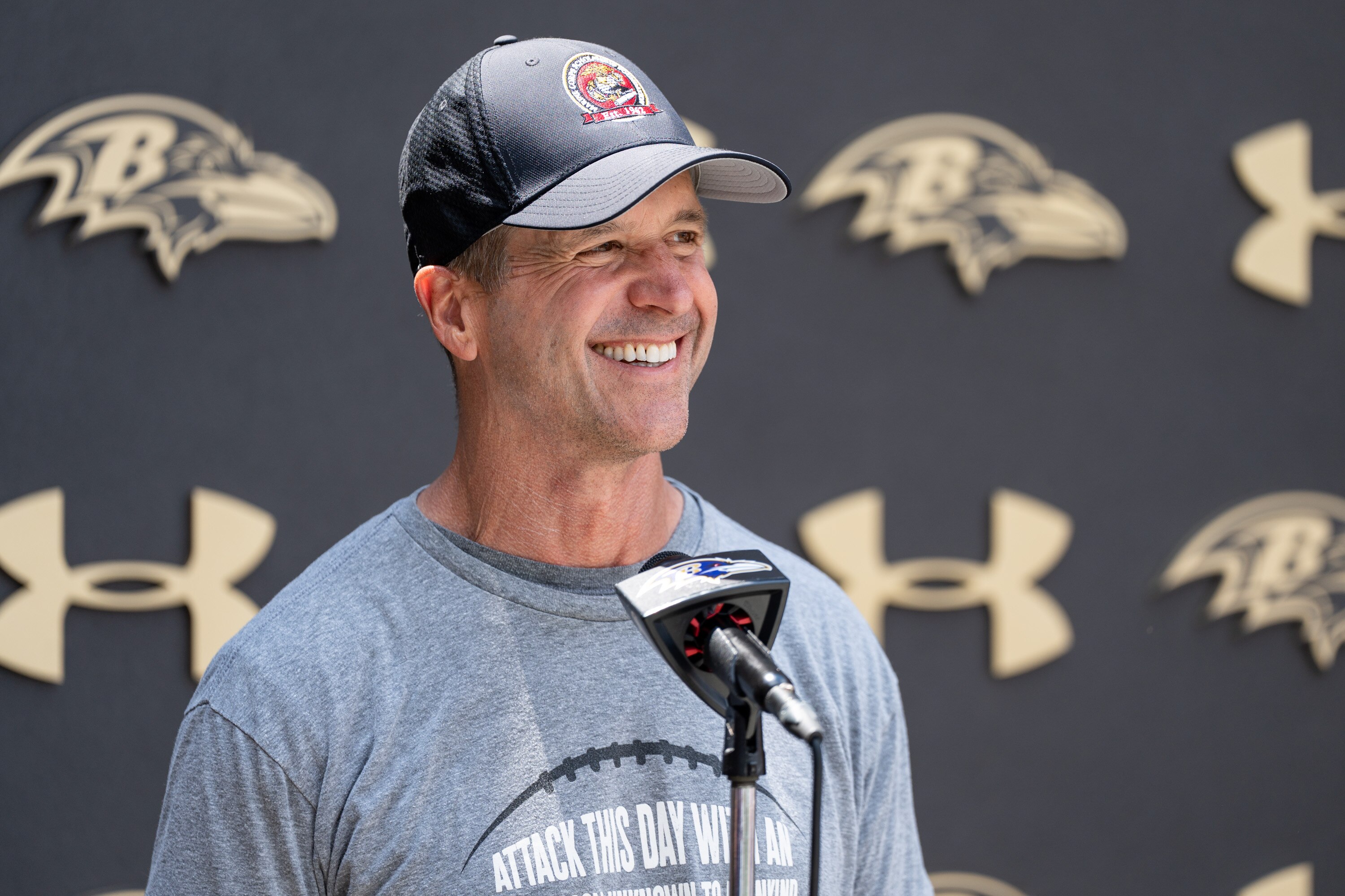 Ravens coach John Harbaugh speaks to the media after the third day of minicamp on June 13.