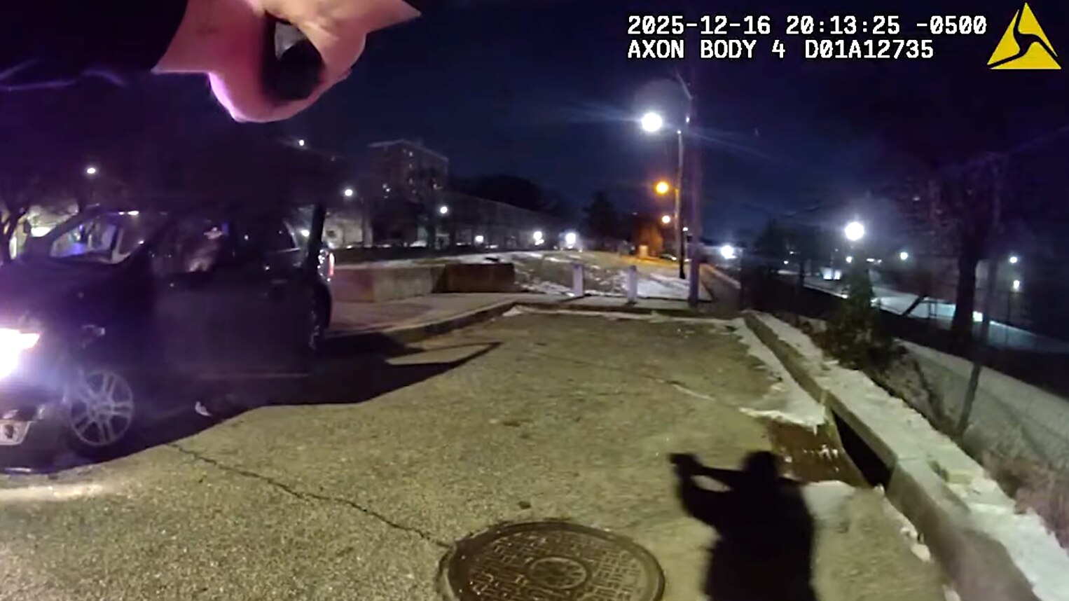 A still from police bodycam footage shows a traffic stop near North Charles and East 21st Streets on Dec. 16 involving three officers on the 500 block of West Lanvale Street.