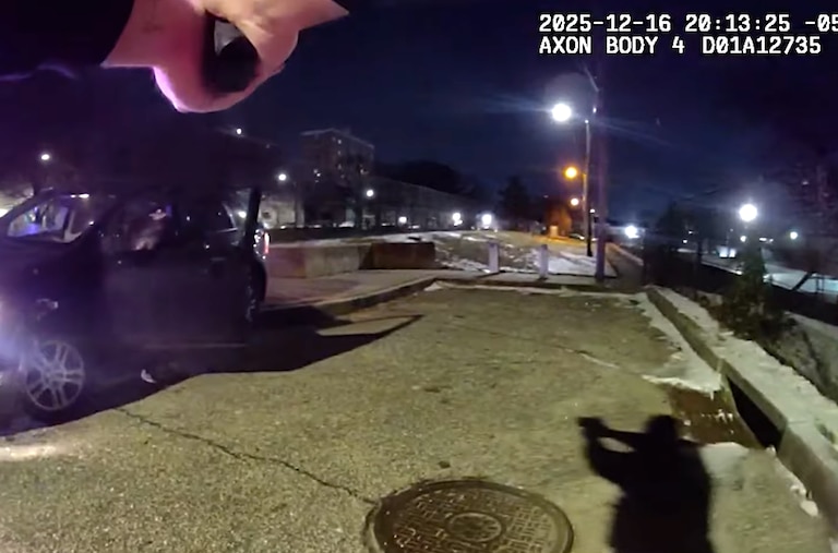 A still from police bodycam footage shows a traffic stop near North Charles and East 21st Streets on Dec. 16 involving three officers on the 500 block of West Lanvale Street.