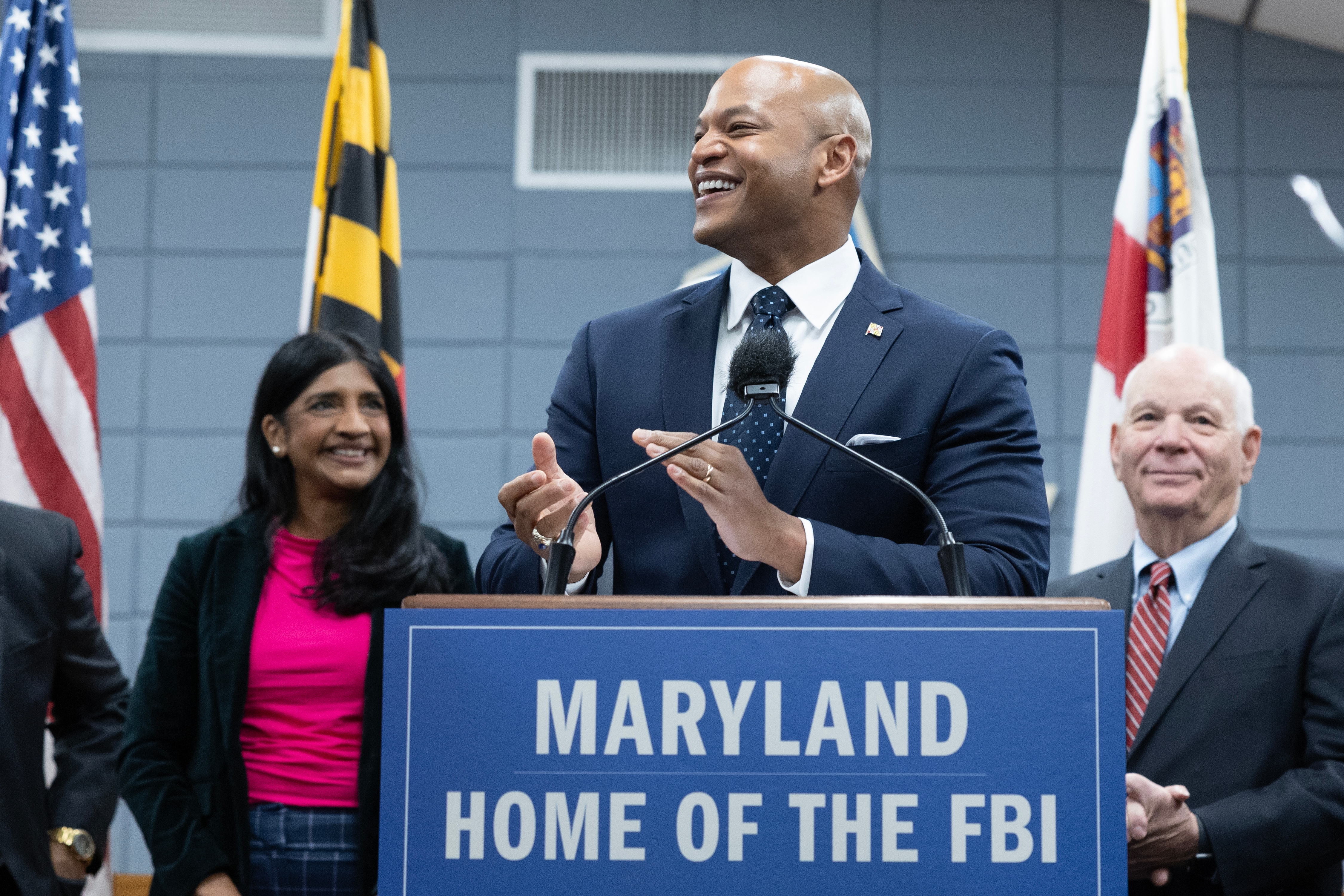 Maryland Gov. Wes Moore speaks during a press conference on the selection of Greenbelt for the FBI’s new headquarters last month. Virginia officials continue to oppose the decision.