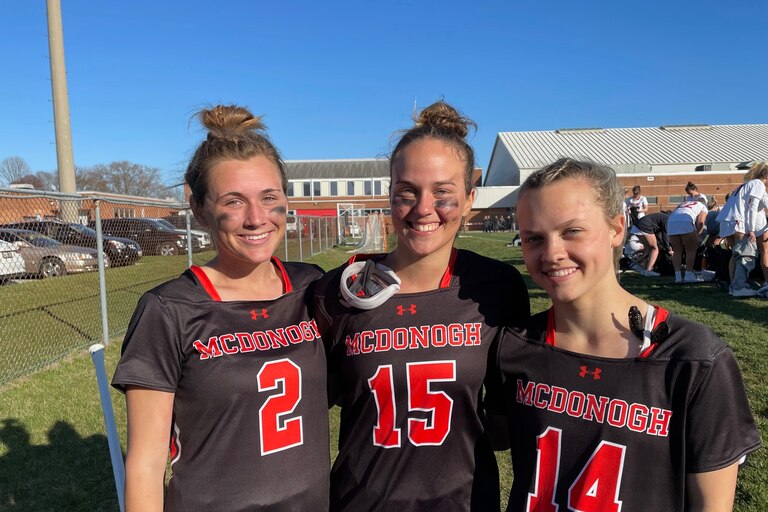 McDonogh midfielders Amanda Lawson (2) and Remi Schaller (15), as well as defender Kit Laake (14), led the No. 3 Eagles to a 13-7 victory at No. 2 Archbishop Spalding Tuesday afternoon. The Eagles remain one of just three teams unbeaten in the IAAM A Conference teams along with No. 1 and two-time defending champion St. Paul's and No. 7 Glenelg Country School. The Eagles host St. Paul's Thursday.