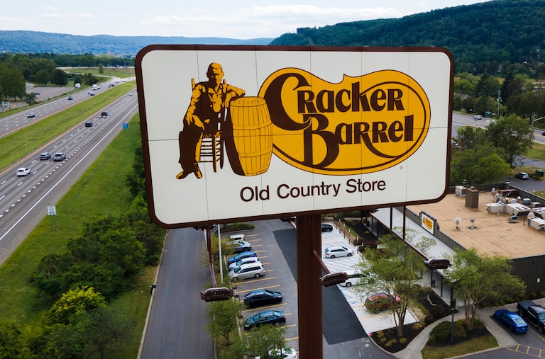 This aerial image taken with a drone shows a Cracker Barrel restaurant in Binghamton, N.Y., Aug. 23, 2025.