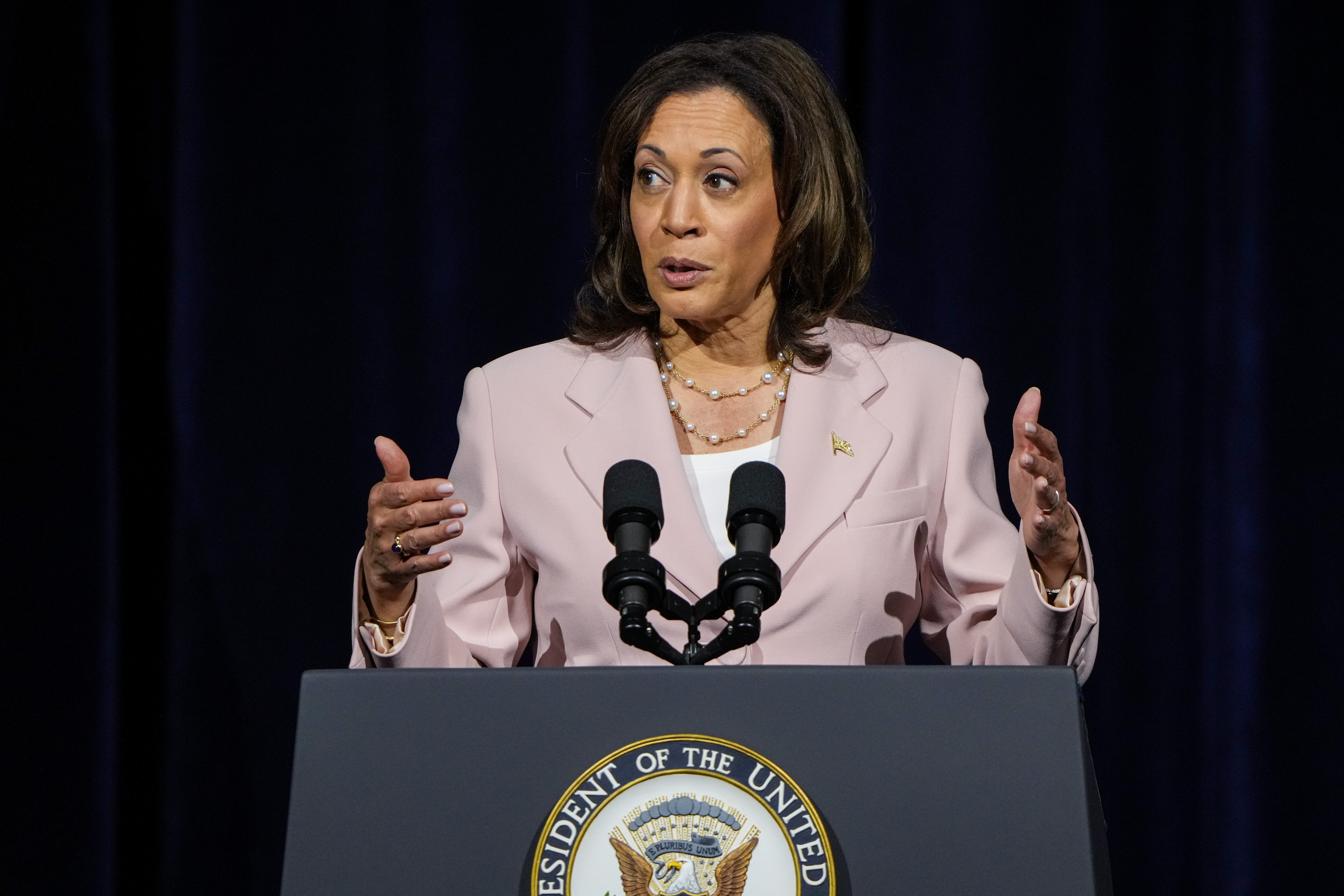Vice President Kamala Harris addresses the crowd at Coppin State University during her visit to Baltimore on July 14.