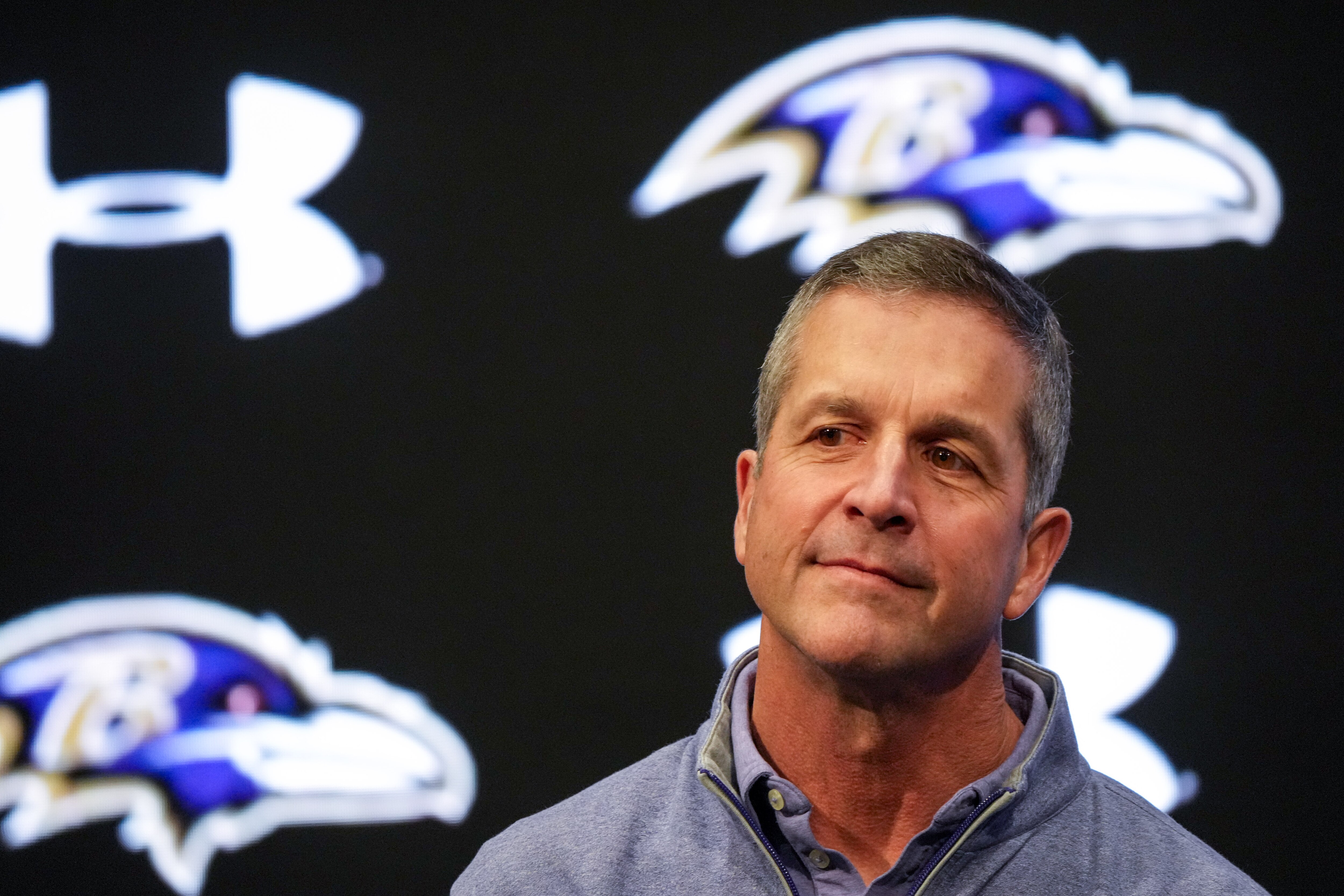 Baltimore Ravens coach John Harbaugh takes questions during a news conference at the Under Armour Performance Center in Owings Mills on March 14.