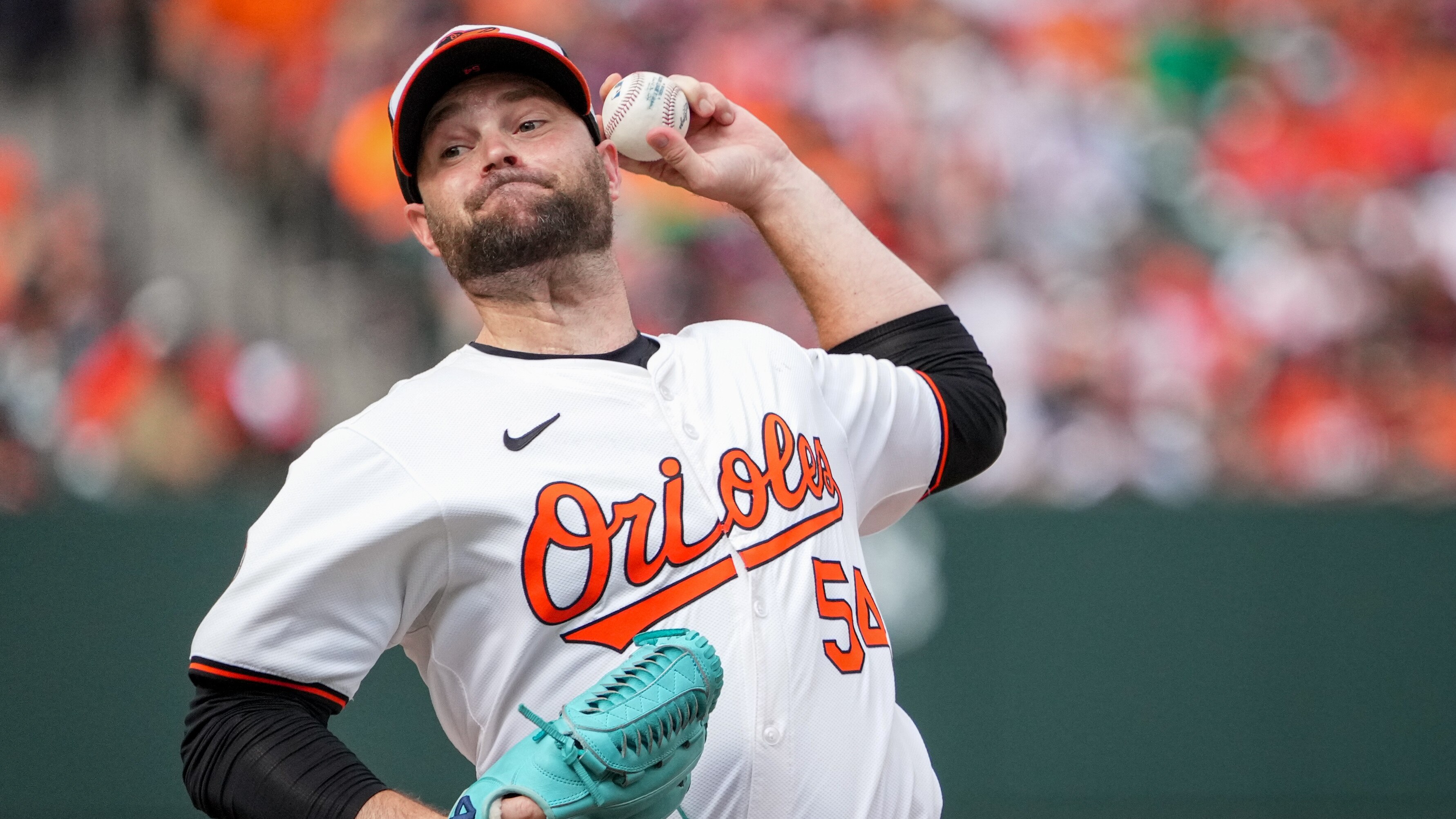 Baltimore Orioles pitcher Danny Coulombe (54) delivers a pitch in the third game of a series against the Detroit Tigers at Camden Yards in Baltimore on Sunday, September 22, 2024.