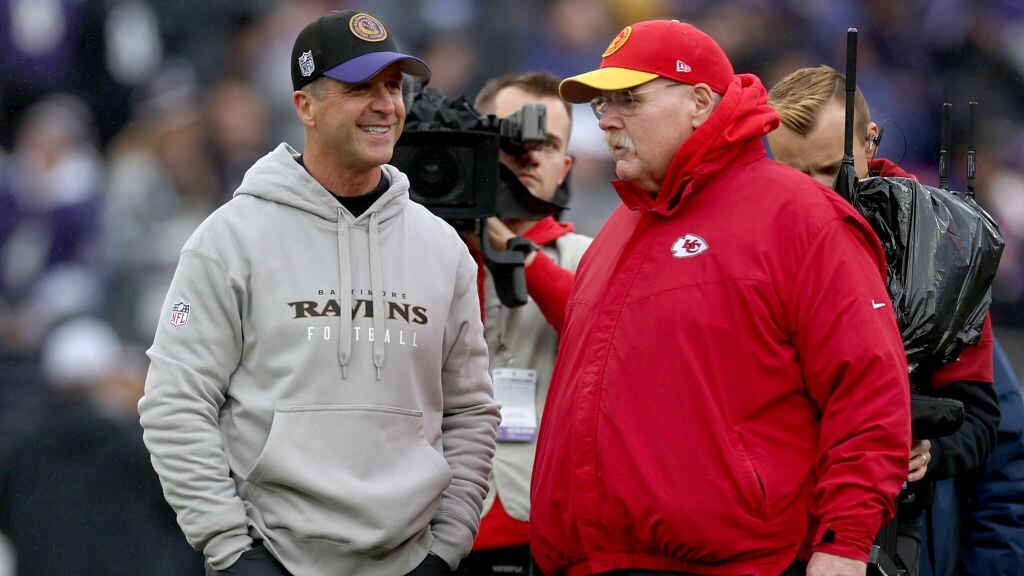 BALTIMORE, MARYLAND - JANUARY 28: Head coach Andy Reid of the Kansas City Chiefs and head coach John Harbaugh of the Baltimore Ravens talk prior to the AFC Championship Game at M&T Bank Stadium on January 28, 2024 in Baltimore, Maryland. (Photo by Rob Carr/Getty Images)