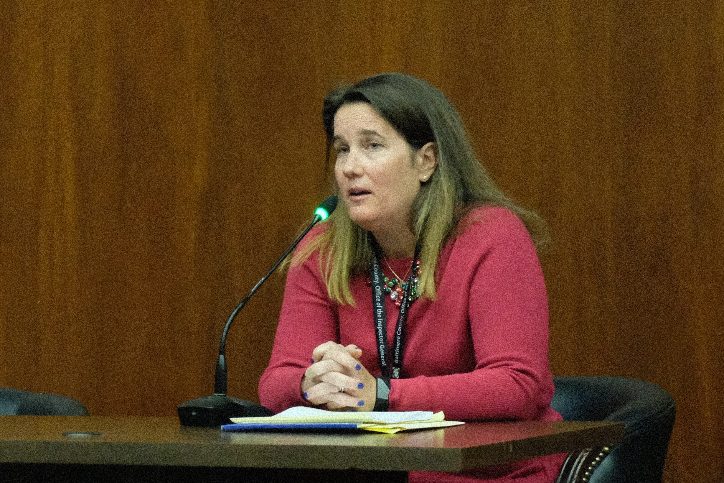 Baltimore County Inspector General Kelly Madigan addresses the Baltimore County Council during a hearing on two bills proposed to enshrine her office in the county's charter and remove a waiting period to subpoena non-government records Nov. 28, 2023.