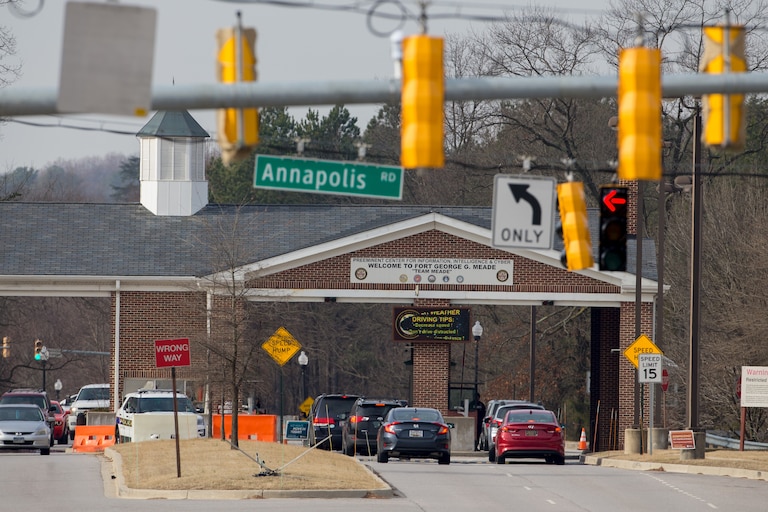 Cars travel through the main gate at Fort Meade on February 14, 2018 in Fort Meade, Maryland.