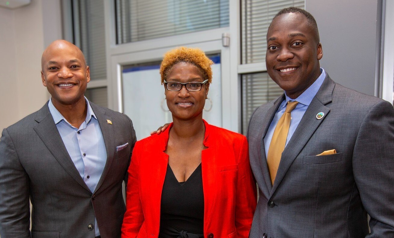 From left to right: Maryland Governor Wes Moore, HCEDA CEO Jennifer Jones, and Howard County Executive Calvin Ball.