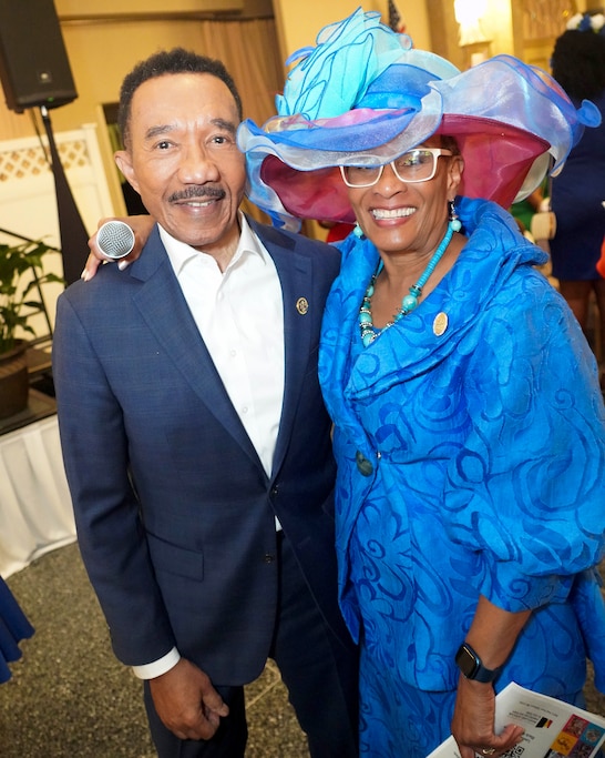 Rep. Kweisi Mfume, left, with Toni Draper, chairman of the board and publisher of AFRO-American Newspapers, at the 2024 Tea event.