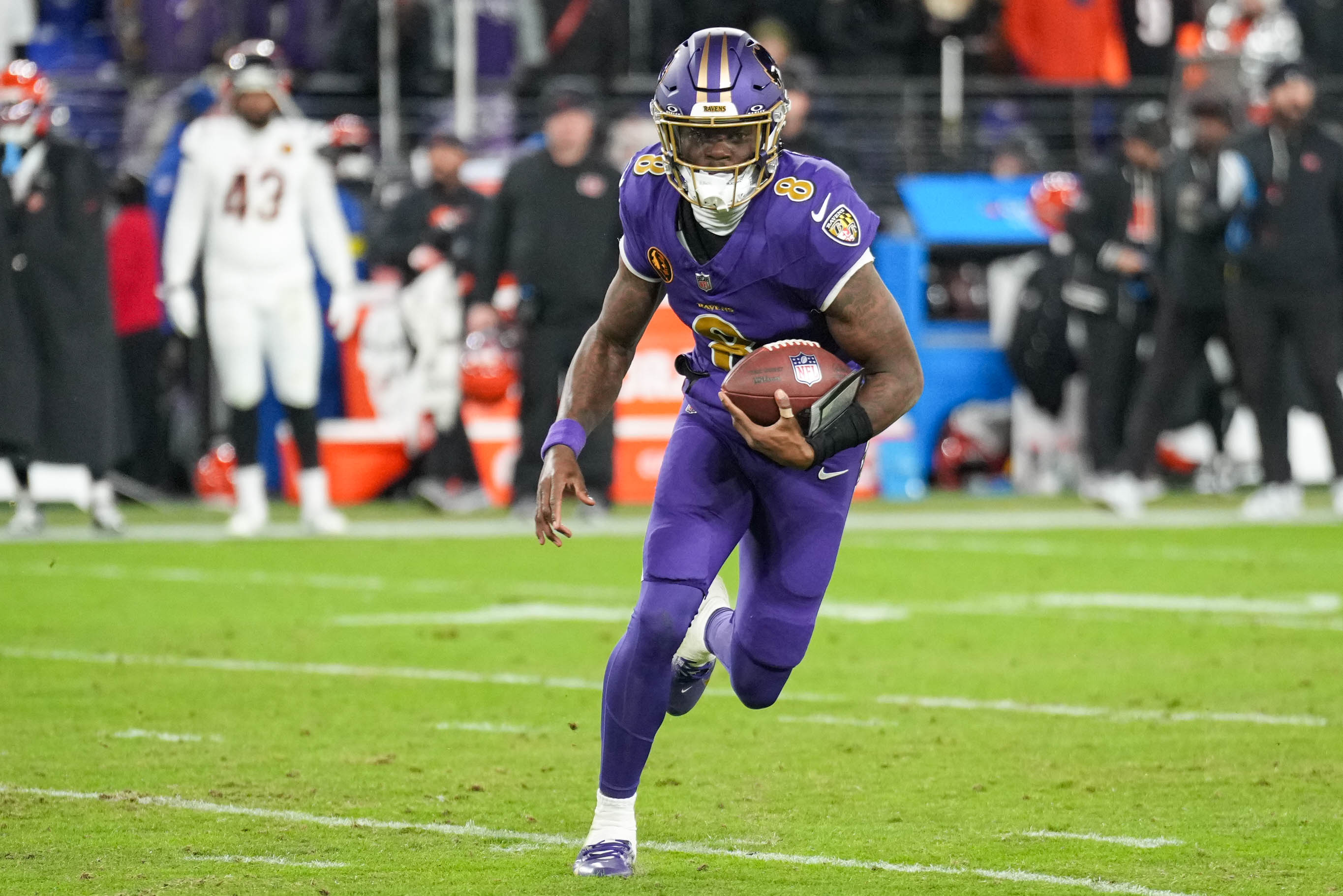 Ravens quarterback Lamar Jackson completed 17 of 32 attempts for 246 yards against the Bengals, with an interception and two fumbles.