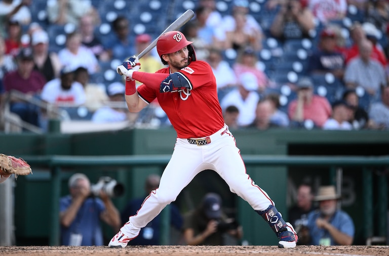 Washington Nationals' Dylan Crews in action during a baseball game against the Chicago White Sox, Sunday, Sept. 28, 2025, in Washington. (AP Photo/Nick Wass)