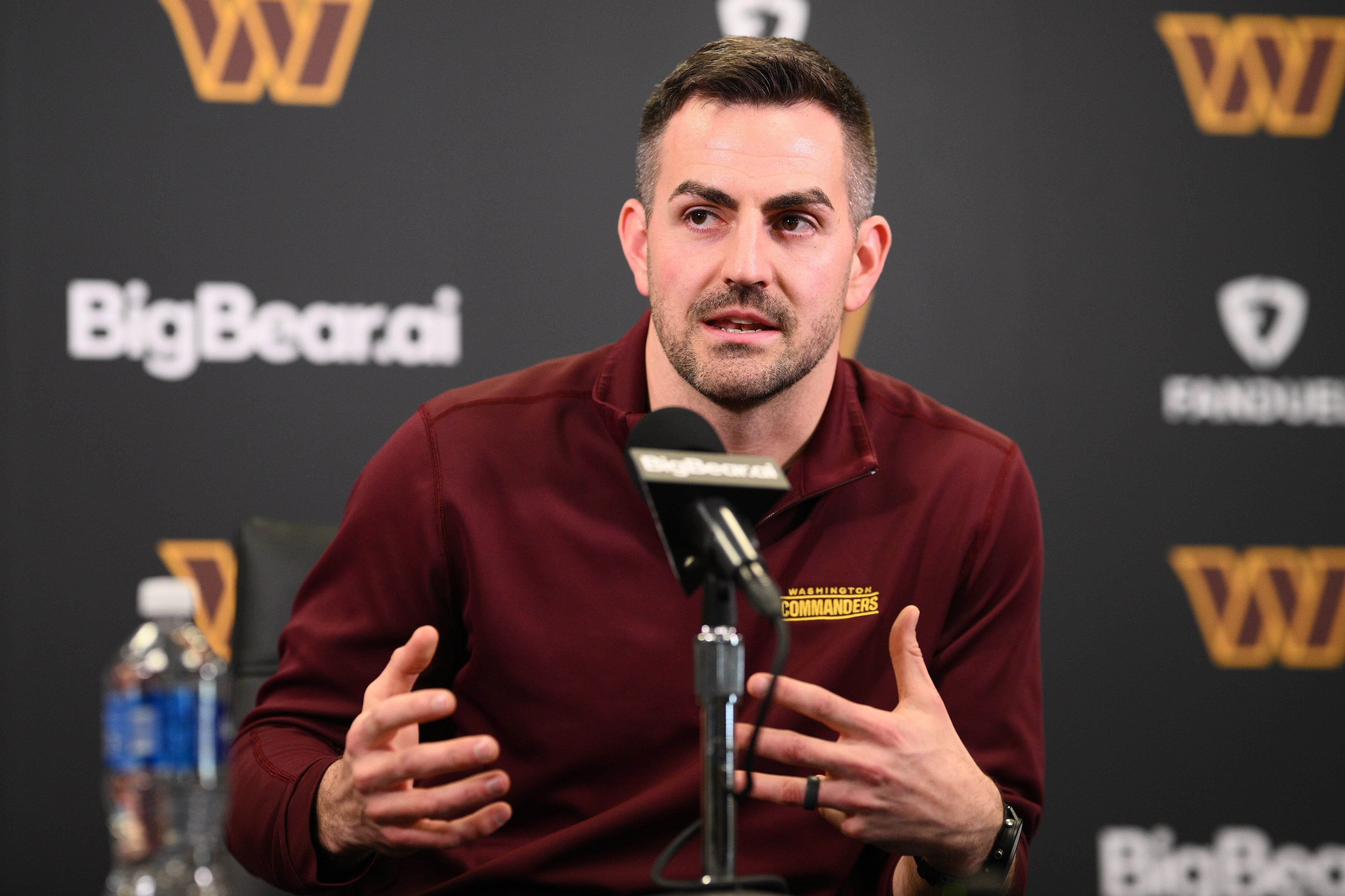 Washington Commanders offensive coordinator David Blough speaks to the media during an NFL football press conference, Tuesday, Feb. 10, 2026, in Ashburn, Va. (AP Photo/Nick Wass)
